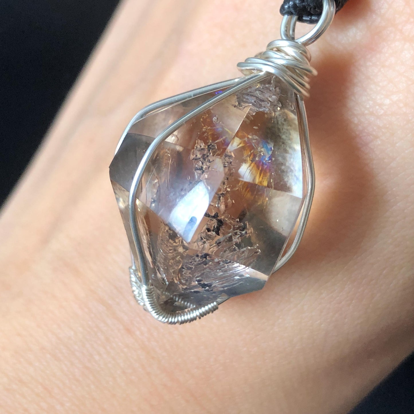 Rare Smoky Herkimer Diamond Sterling Silver Pendant Adjustable Necklace | Polished Enhydro Crystal | Moving Sand & Bubble with Rainbow Stone Gift for her gemstone charm necklace crystal choker healing stone birthstone necklace gift rainbow inclusion black herkimer diamond herkimer quartz