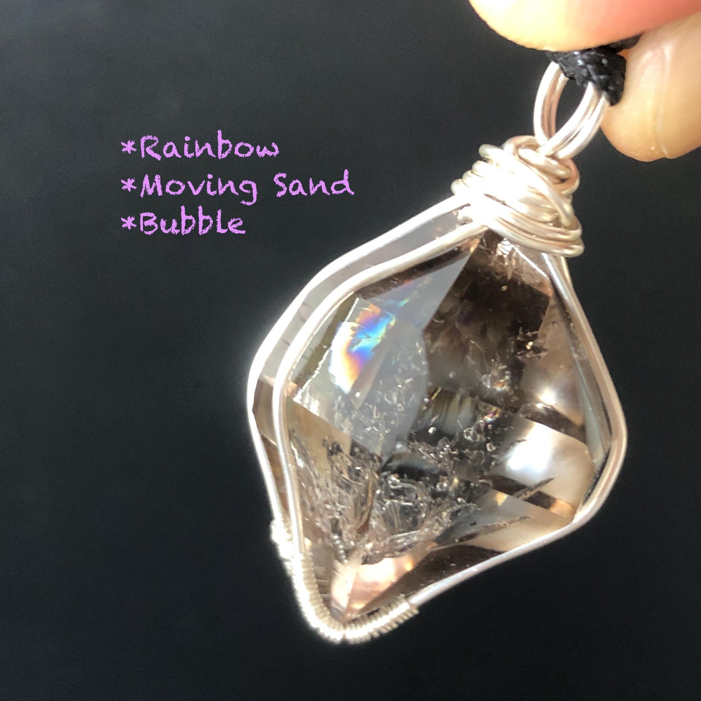 Rare Smoky Herkimer Diamond Sterling Silver Pendant Adjustable Necklace | Polished Enhydro Crystal | Moving Sand & Bubble with Rainbow Stone Gift for her gemstone charm necklace crystal choker healing stone birthstone necklace gift rainbow inclusion black herkimer diamond herkimer quartz