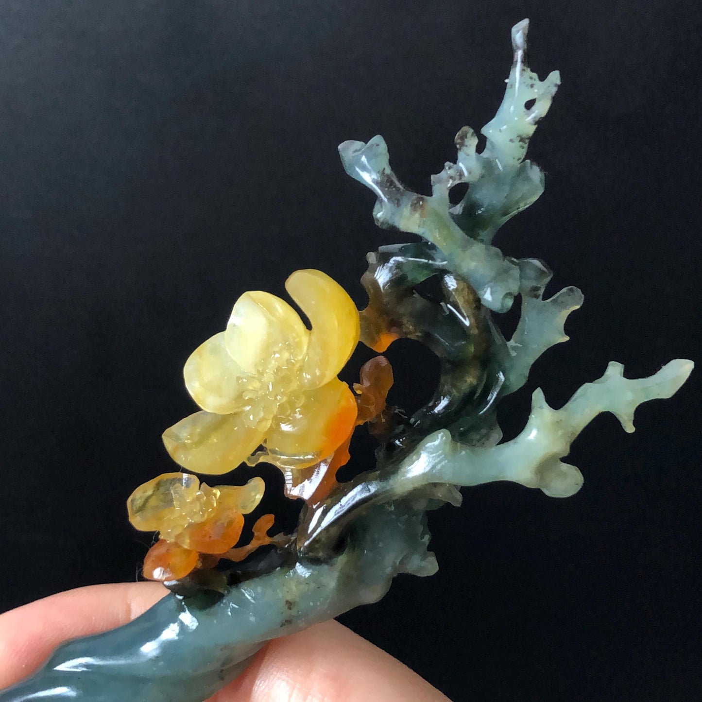 Certificate Xiu Jade Serpentine Hand Carved Plum Blossom Flower Hairpin | Caramel Green Jade Hair Stick | Asian Chinese Vintage Gift for her natural untreated jade carving green jade yellow jade orange jade hair clip japanese hair pin korean hair stick chinese hair fork antique hair comb wedding hairpin bridal shower gift engagement hair jewelry mother day gift carved flower jade flower carving multi colour jade