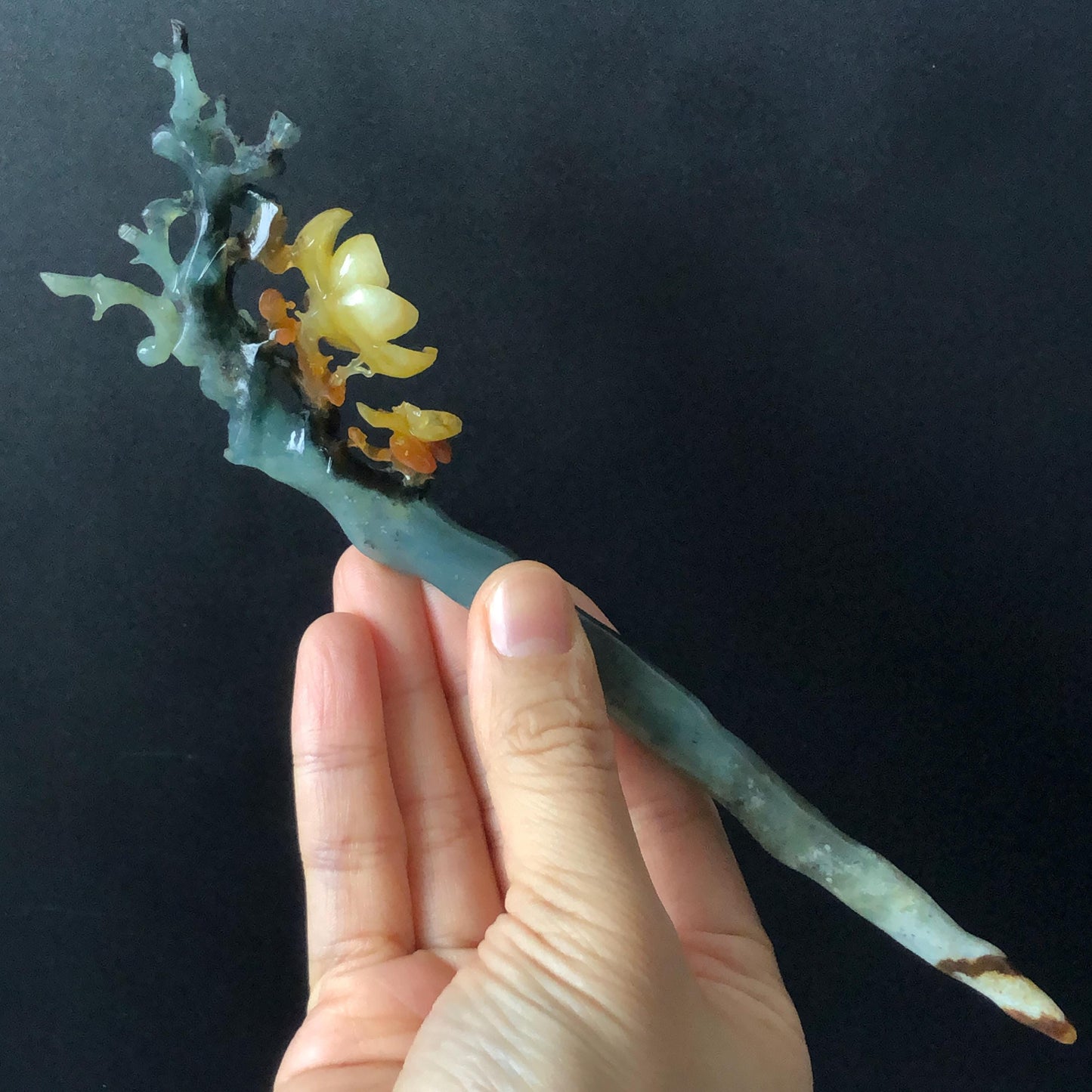 Certificate Xiu Jade Serpentine Hand Carved Plum Blossom Flower Hairpin | Caramel Green Jade Hair Stick | Asian Chinese Vintage Gift for her natural untreated jade carving green jade yellow jade orange jade hair clip japanese hair pin korean hair stick chinese hair fork antique hair comb wedding hairpin bridal shower gift engagement hair jewelry mother day gift carved flower jade flower carving multi colour jade