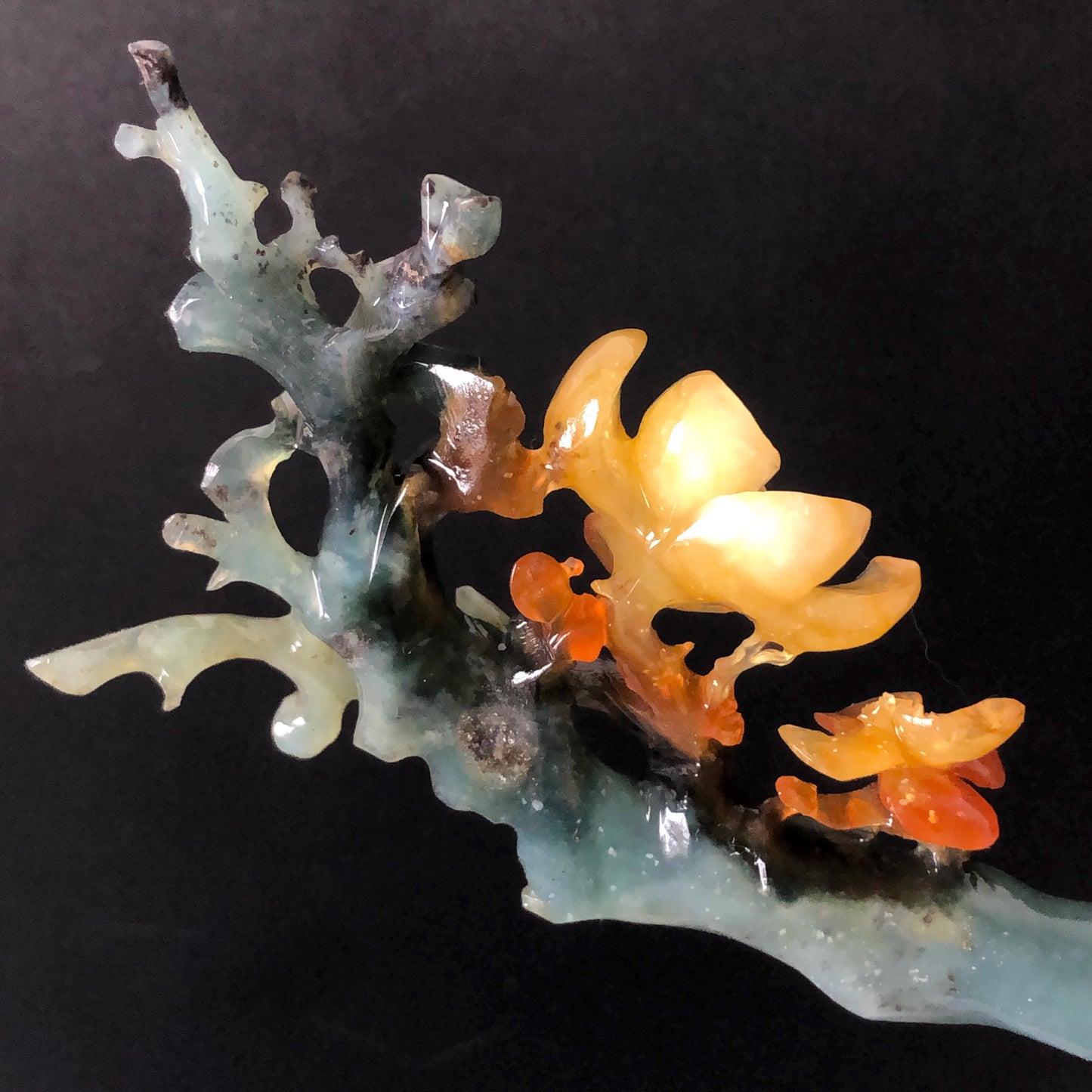 Certificate Xiu Jade Serpentine Hand Carved Plum Blossom Flower Hairpin | Caramel Green Jade Hair Stick | Asian Chinese Vintage Gift for her natural untreated jade carving green jade yellow jade orange jade hair clip japanese hair pin korean hair stick chinese hair fork antique hair comb wedding hairpin bridal shower gift engagement hair jewelry mother day gift carved flower jade flower carving multi colour jade