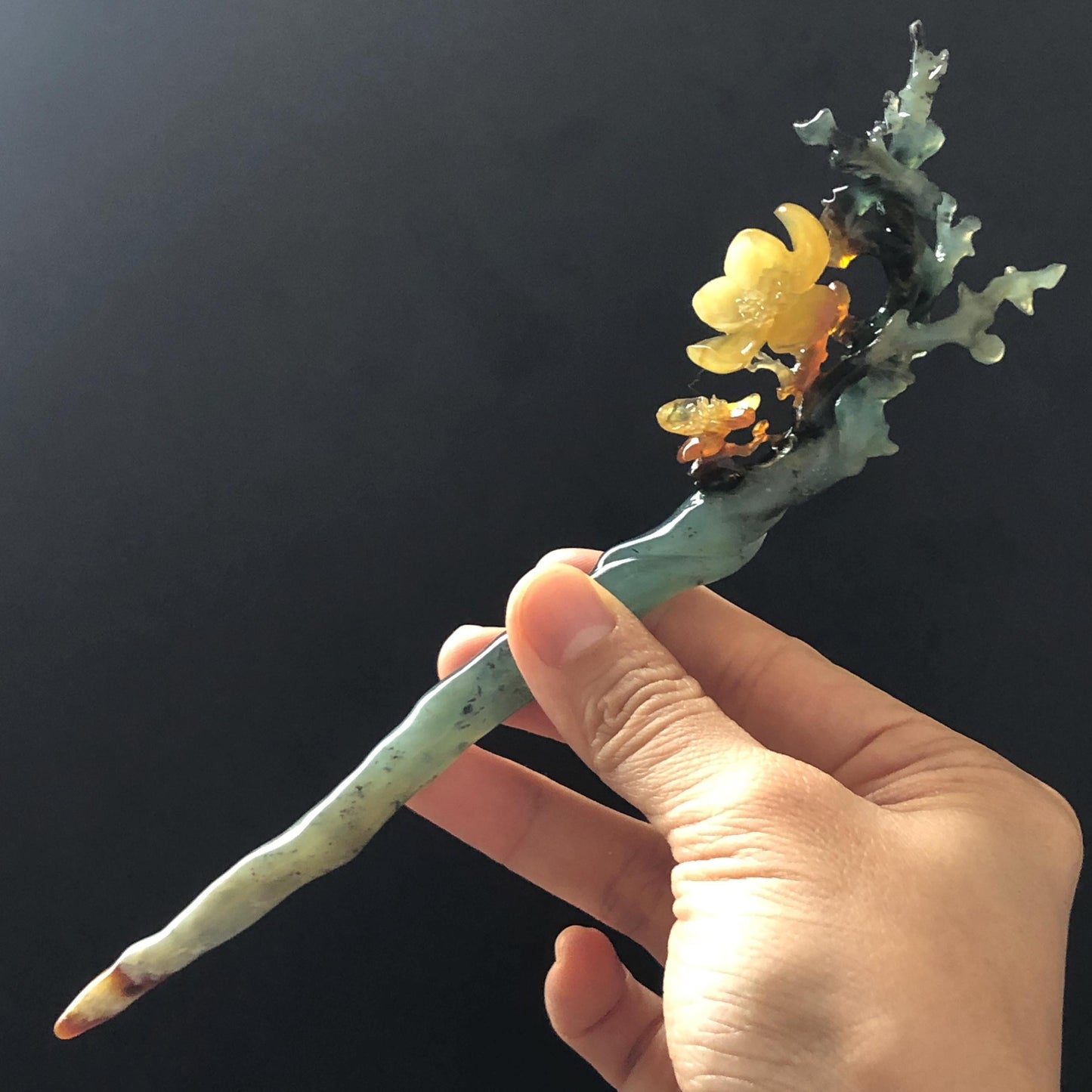 Certificate Xiu Jade Serpentine Hand Carved Plum Blossom Flower Hairpin | Caramel Green Jade Hair Stick | Asian Chinese Vintage Gift for her natural untreated jade carving green jade yellow jade orange jade hair clip japanese hair pin korean hair stick chinese hair fork antique hair comb wedding hairpin bridal shower gift engagement hair jewelry mother day gift carved flower jade flower carving multi colour jade
