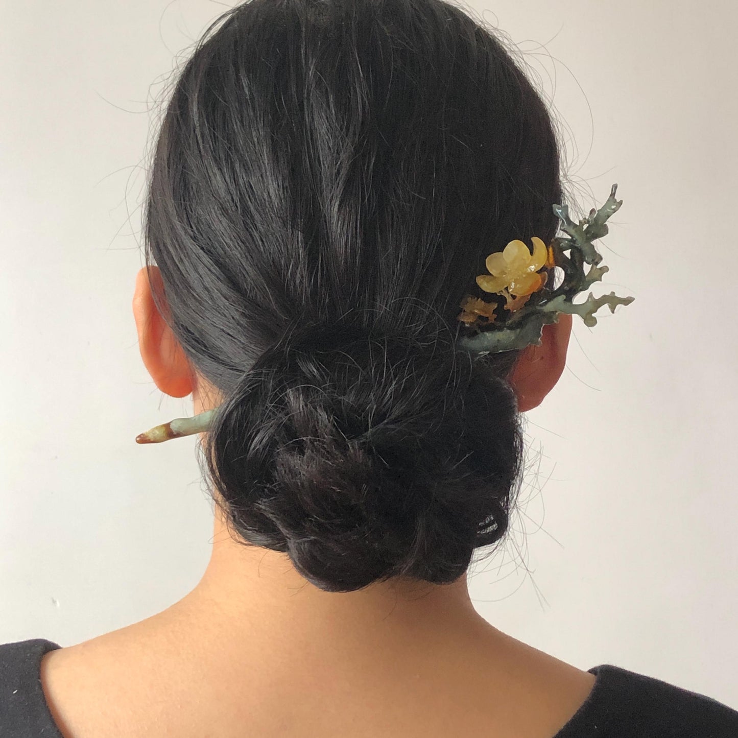 Certificate Xiu Jade Serpentine Hand Carved Plum Blossom Flower Hairpin | Caramel Green Jade Hair Stick | Asian Chinese Vintage Gift for her natural untreated jade carving green jade yellow jade orange jade hair clip japanese hair pin korean hair stick chinese hair fork antique hair comb wedding hairpin bridal shower gift engagement hair jewelry mother day gift carved flower jade flower carving multi colour jade
