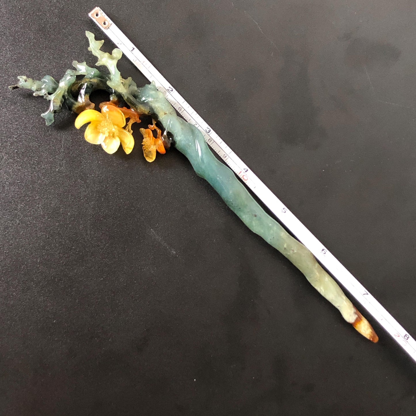 Certificate Xiu Jade Serpentine Hand Carved Plum Blossom Flower Hairpin | Caramel Green Jade Hair Stick | Asian Chinese Vintage Gift for her natural untreated jade carving green jade yellow jade orange jade hair clip japanese hair pin korean hair stick chinese hair fork antique hair comb wedding hairpin bridal shower gift engagement hair jewelry mother day gift carved flower jade flower carving multi colour jade