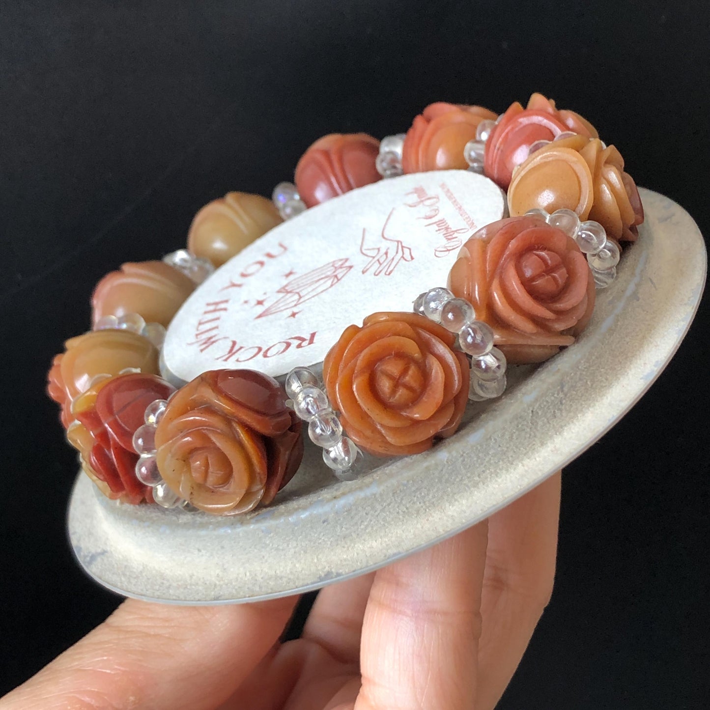 Natural SheTaiCui Jade (Quartzite) Hand Carved Tri-colour Rose Bracelet | Big Bead Red Orange Yellow Jade Charms | Personalized Gift for her red jade orange jade yellow jade carvinghand engraved flower jade hand engraved rose charms jade charms big bead jade bracelet tailor made bracelet customized bracelet natural jade gemstone bracelet big engraved crystal bead bracelet carved stone bracelet mother day gift