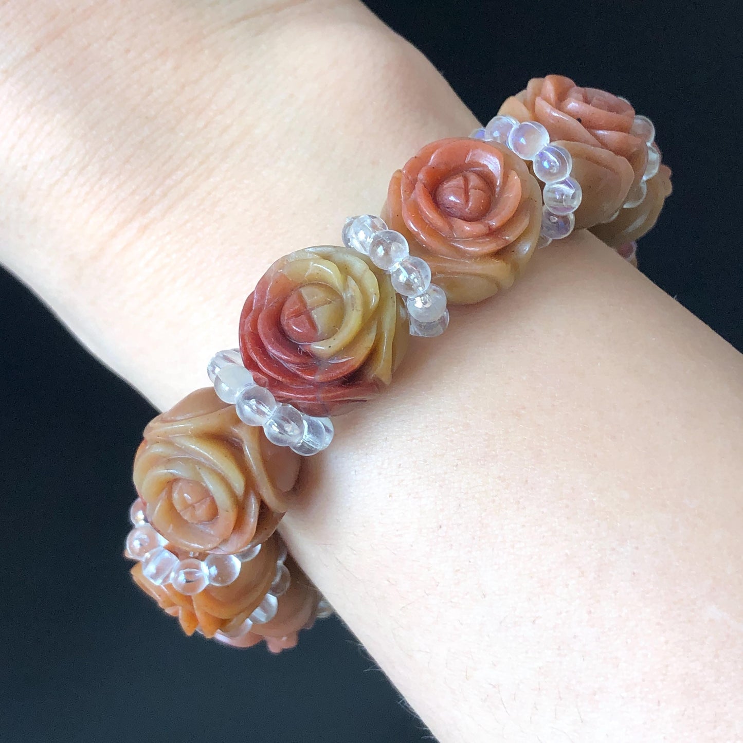 Natural SheTaiCui Jade (Quartzite) Hand Carved Tri-colour Rose Bracelet | Big Bead Red Orange Yellow Jade Charms | Personalized Gift for her red jade orange jade yellow jade carvinghand engraved flower jade hand engraved rose charms jade charms big bead jade bracelet tailor made bracelet customized bracelet natural jade gemstone bracelet big engraved crystal bead bracelet carved stone bracelet mother day gift
