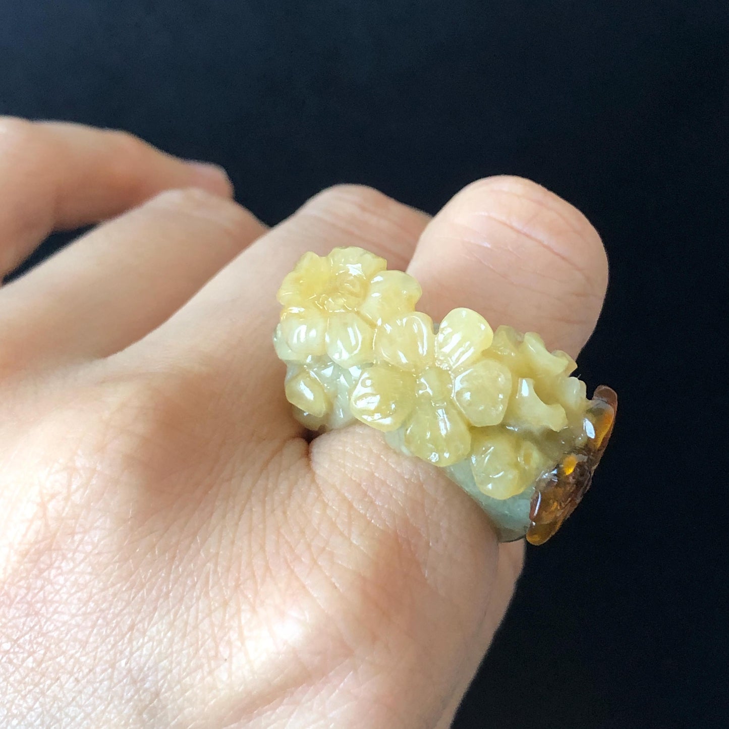 Natural Xiu Jade (Serpentine) Hand Craved Flower with Butterfly Ring | 17.1mm (US 7) | Yellow, Caramel & Greenish Blue | Crystal Gemstone ring hand engraved jade ring green jade yellow jade caramel jade multi colour jade carving flower carving butterfly carving statement ring for women carved flower ring untreated natural jade