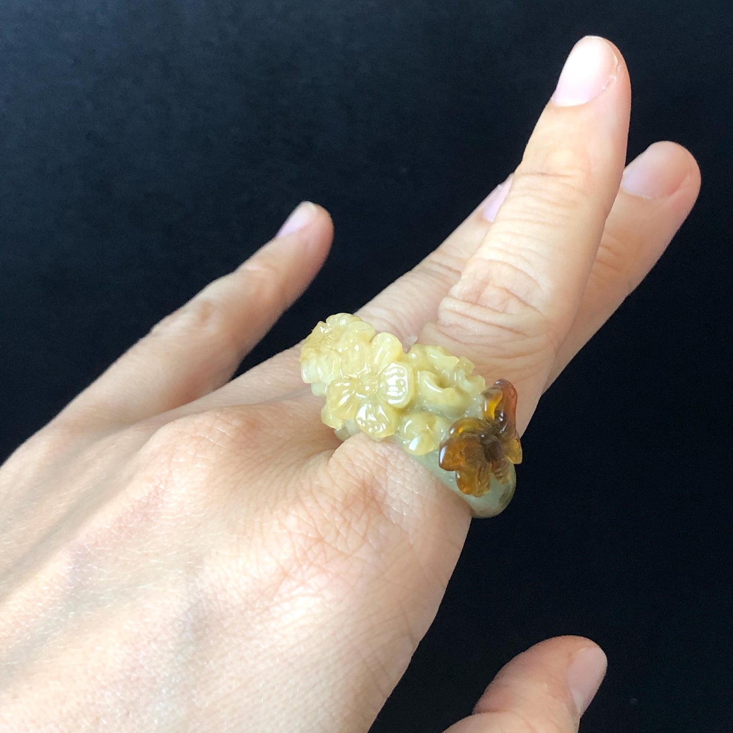 Natural Xiu Jade (Serpentine) Hand Craved Flower with Butterfly Ring | 17.1mm (US 7) | Yellow, Caramel & Greenish Blue | Crystal Gemstone ring hand engraved jade ring green jade yellow jade caramel jade multi colour jade carving flower carving butterfly carving statement ring for women carved flower ring untreated natural jade