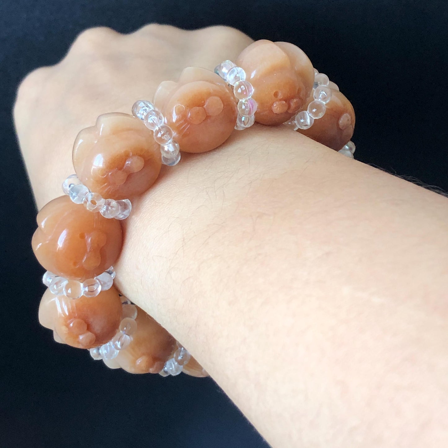 Natural SheTaiCui Jade Quartzite Hand Carved Caramel Brown White Cat Kitten Bead Bracelet | Crystal Gemstone Stone Charms | Roasted Candy bead brown jade chinese jade bracelet yellow jade white jade carving cat carving kitten carving hand carved jade charm hand engraved jade bracelet personalized gift custom size bracelet tailor made bracelet natural untreated jade gift for her women bracelet