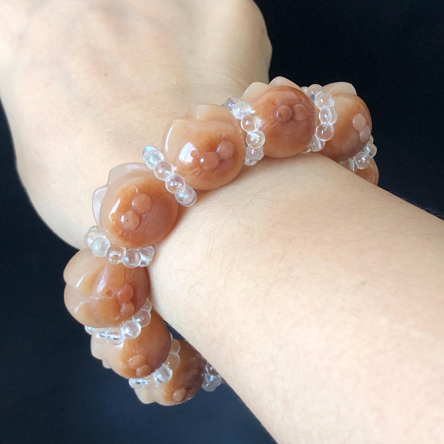 Natural SheTaiCui Jade Quartzite Hand Carved Caramel Brown White Cat Kitten Bead Bracelet | Crystal Gemstone Stone Charms | Roasted Candy