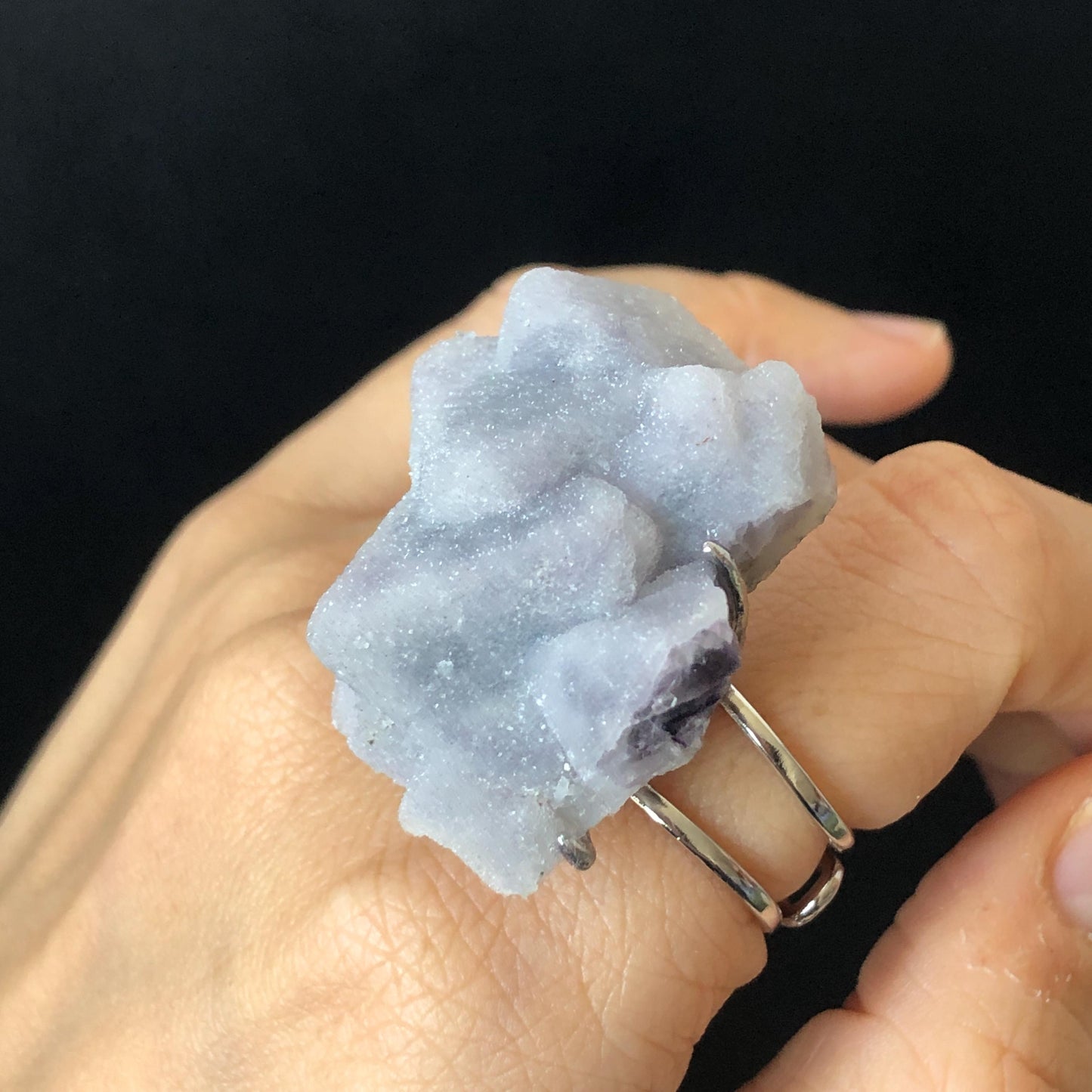 Raw Purple Fluorite Crystal Ring with Sparkling Sugar-like Crystal Coating | White Sugar Cube | Adjustable Statement Band Ring Gift for her purple crystal ring purple stone ring white stone ring gemstone statement ring irregular stone ring chunky crystal ring big stone ring huge cocktail ring large gemstone cocktail ring raw minerals ring mineral specimen February march birthstone birthday ring