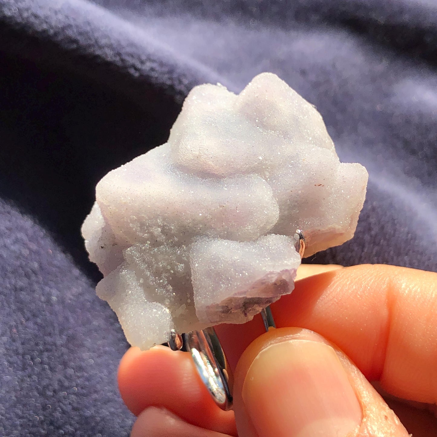 Raw Purple Fluorite Crystal Ring with Sparkling Sugar-like Crystal Coating | White Sugar Cube | Adjustable Statement Band Ring Gift for her purple crystal ring purple stone ring white stone ring gemstone statement ring irregular stone ring chunky crystal ring big stone ring huge cocktail ring large gemstone cocktail ring raw minerals ring mineral specimen February march birthstone birthday ring