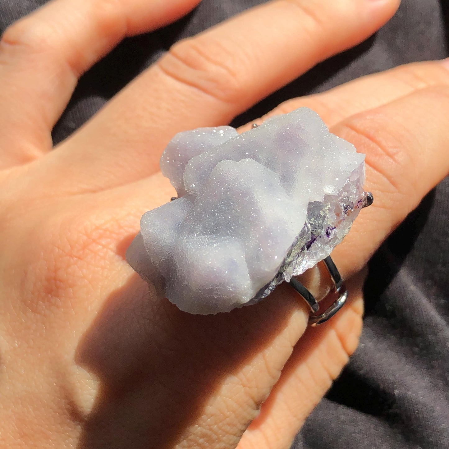 Raw Purple Fluorite Crystal Ring with Sparkling Sugar-like Crystal Coating | White Sugar Cube | Adjustable Statement Band Ring Gift for her purple crystal ring purple stone ring white stone ring gemstone statement ring irregular stone ring chunky crystal ring big stone ring huge cocktail ring large gemstone cocktail ring raw minerals ring mineral specimen February march birthstone birthday ring