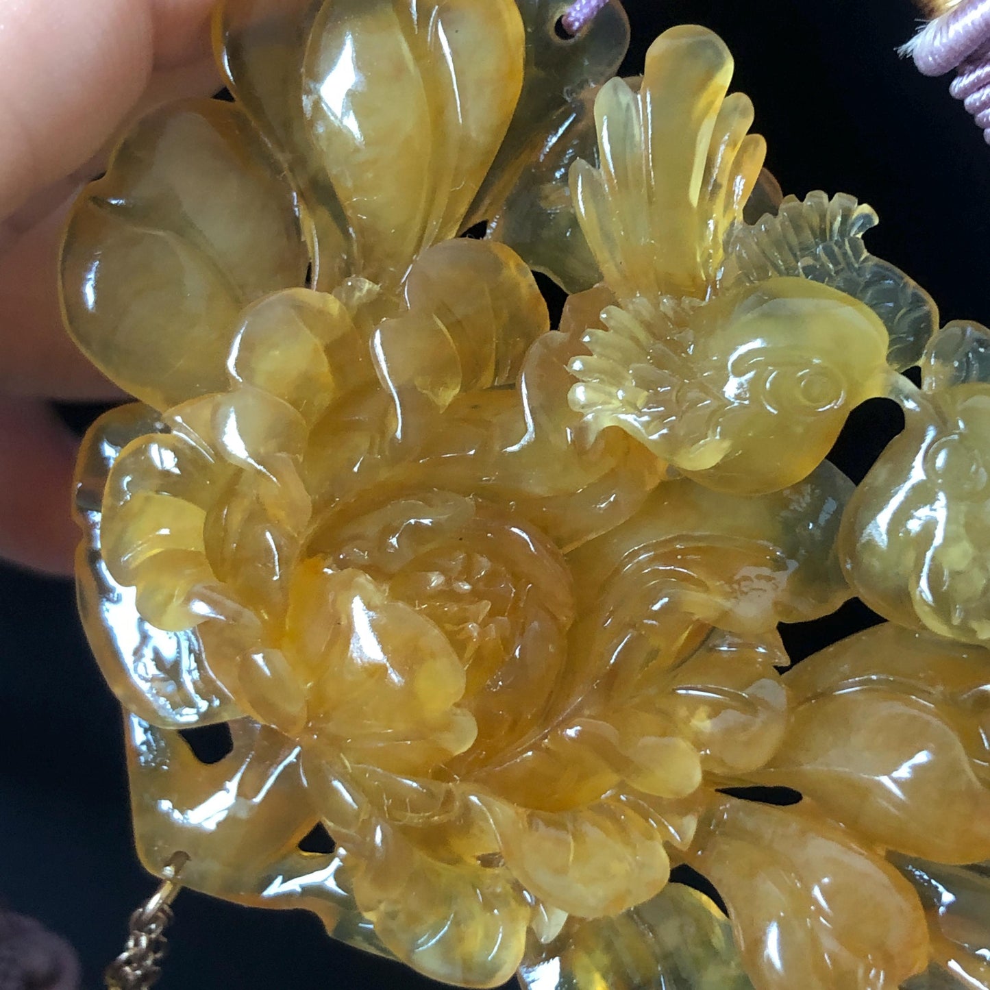 Natural Xiu Jade Serpentine Hand Carved Magpie Birds & Peony Flower Pendant Adjustable Necklace | Golden Yellow Stone Crystal Gemstone Gift for her natural jade carving bird carving peony carving flower carving hand carved jade pendant hand engraved magpie yellow jade icy chinese jade vintage jade necklace adjustable necklace certified jade certificate luck charm