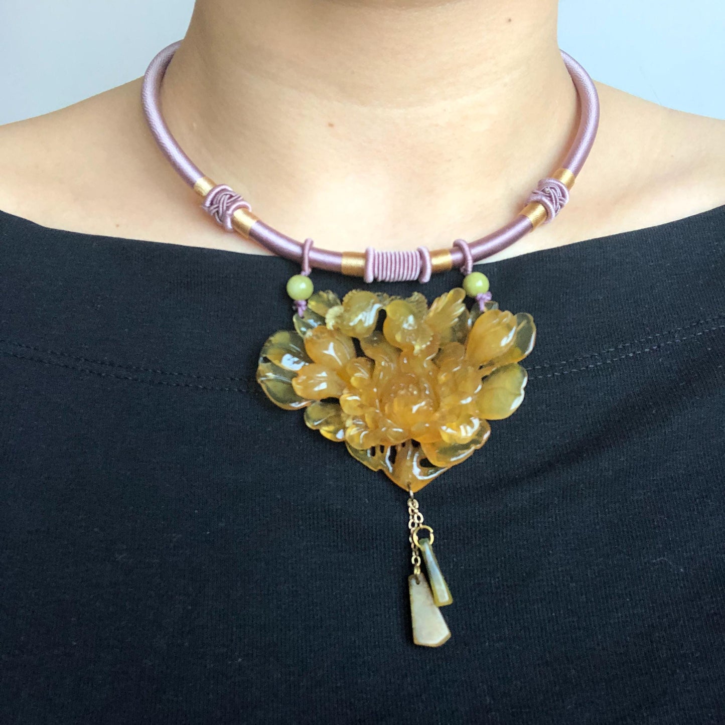 Natural Xiu Jade Serpentine Hand Carved Magpie Birds & Peony Flower Pendant Adjustable Necklace | Golden Yellow Stone Crystal Gemstone Gift for her natural jade carving bird carving peony carving flower carving hand carved jade pendant hand engraved magpie yellow jade icy chinese jade vintage jade necklace adjustable necklace certified jade certificate luck charm