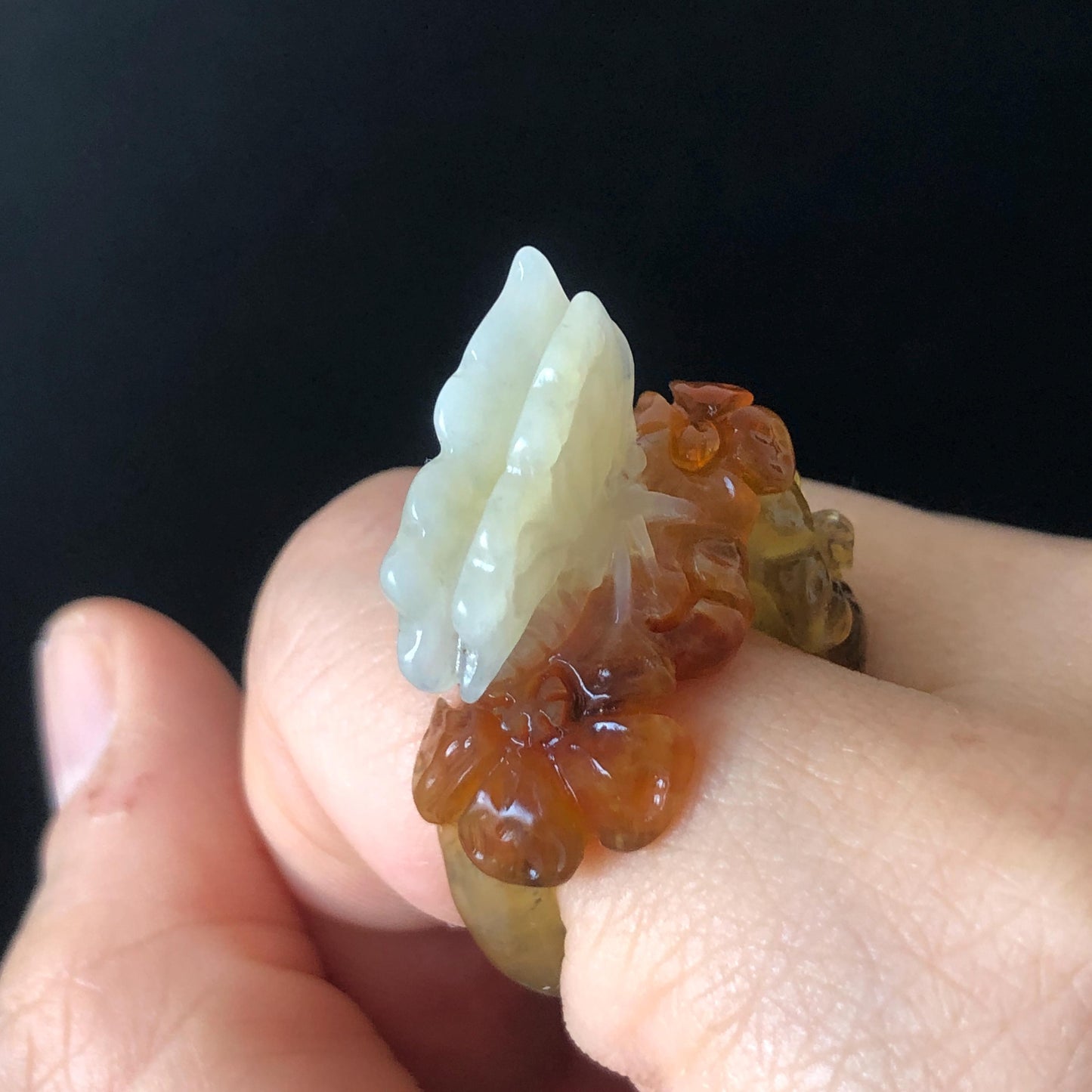 Natural Xiu Jade Serpentine Hand Carved Flower and Butterfly Ring | 17.2mm (US 7) | White, Caramel & Greenish Yellow | Crystal Gemstone Gift