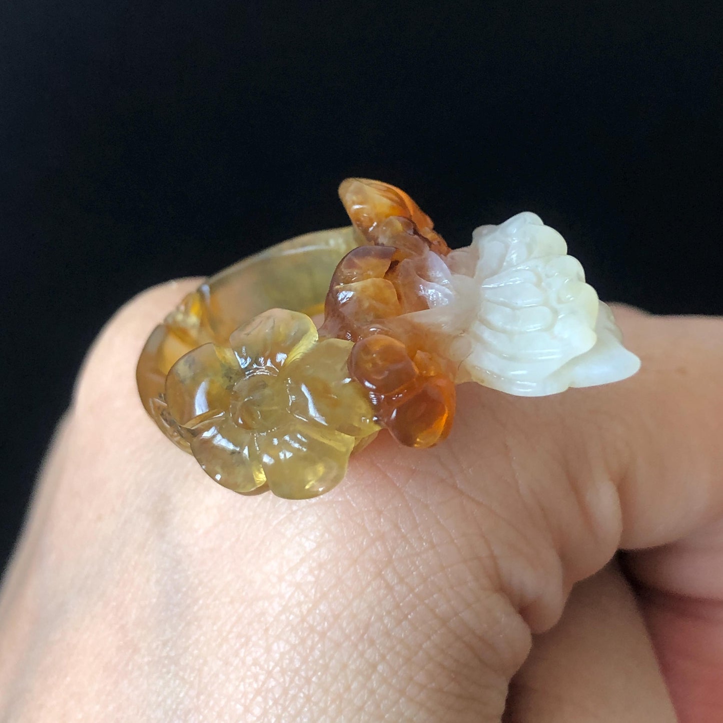 Natural Xiu Jade Serpentine Hand Carved Flower and Butterfly Ring | 17.2mm (US 7) | White, Caramel & Greenish Yellow | Crystal Gemstone Gift