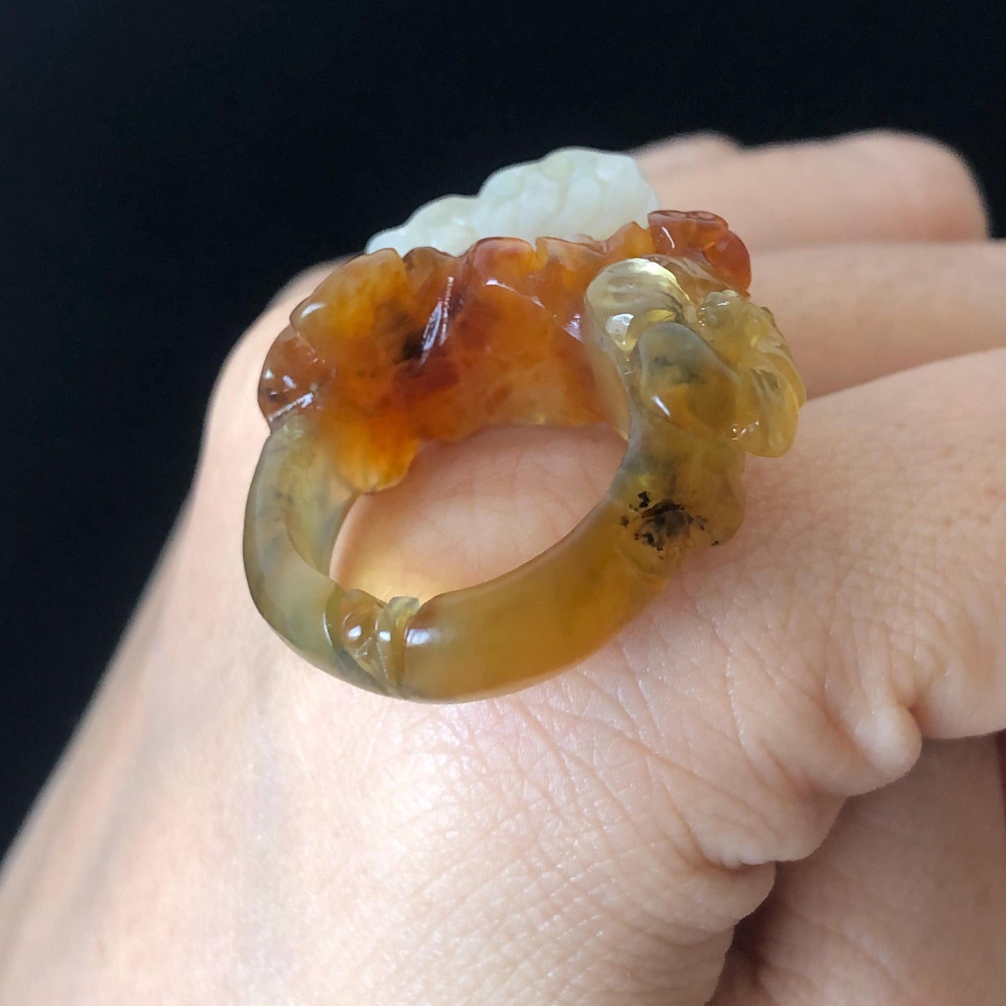 Natural Xiu Jade Serpentine Hand Carved Flower and Butterfly Ring | 17.2mm (US 7) | White, Caramel & Greenish Yellow | Crystal Gemstone Gift