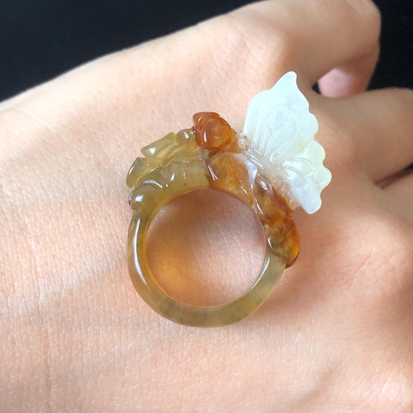 Natural Xiu Jade Serpentine Hand Carved Flower and Butterfly Ring | 17.2mm (US 7) | White, Caramel & Greenish Yellow | Crystal Gemstone Gift