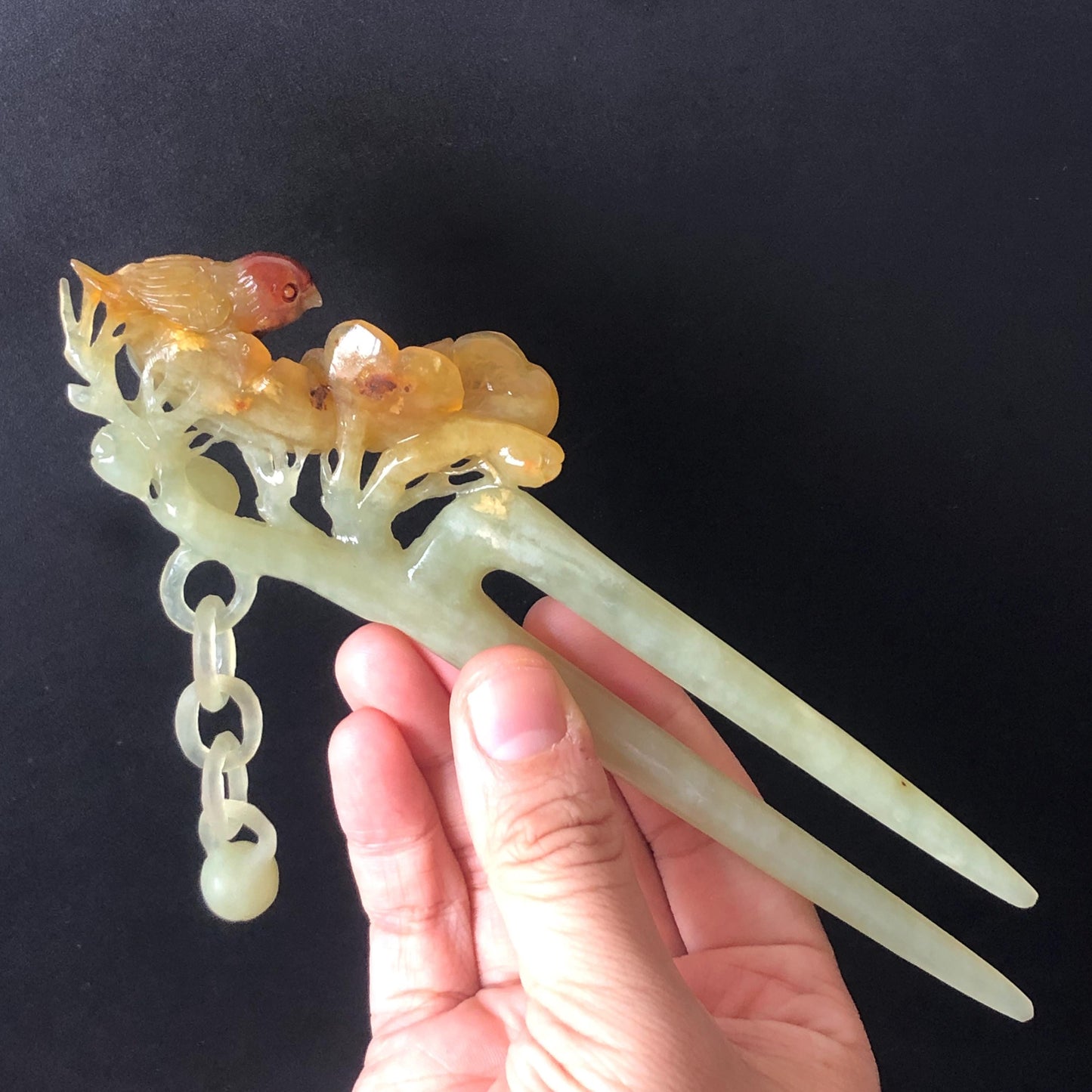 Certified Xiu Jade Serpentine Hand Carved Bird and Flowers Dangle Hair Pin | Green, Yellow, Red Jade Hair Stick | Asian Chinese Vintage Gift for her, red jade hairpin, green jade hair stick, yellow jade hair fork, chinese hairpin, korean hair stick, japanese hair pin, vinatge hair comb, bridal hair clip, bird lover gift, hand carved flower, hand engraved bird, dangle hair pin, flower carving, bird carving, red jade untreated jade natural jade with certificate