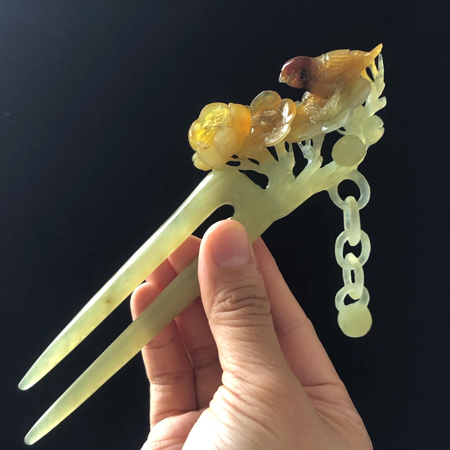Certified Xiu Jade Serpentine Hand Carved Bird and Flowers Dangle Hair Pin | Green, Yellow, Red Jade Hair Stick | Asian Chinese Vintage Gift for her, red jade hairpin, green jade hair stick, yellow jade hair fork, chinese hairpin, korean hair stick, japanese hair pin, vinatge hair comb, bridal hair clip, bird lover gift, hand carved flower, hand engraved bird, dangle hair pin, flower carving, bird carving, red jade untreated jade natural jade with certificate