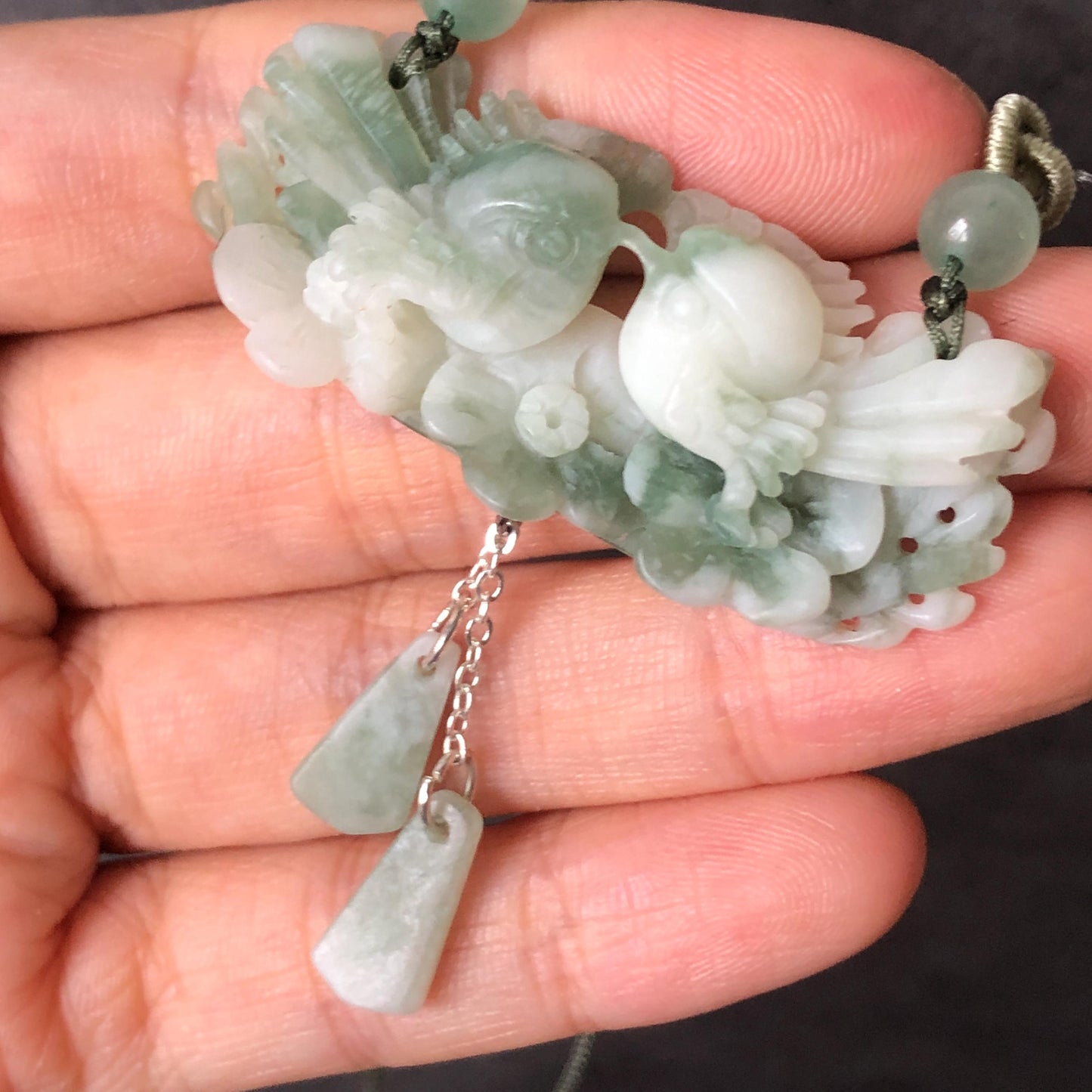 Certified Natural Xiu Jade Serpentine Hand Carved Magpie Birds and Flower Pendant Adjustable Necklace | White & Green Stone Crystal Gemstone charm necklace gift for her green jade carving white jade pendant bird carving flower carving carved flower charm hand engraved birds pendant certificate real jade wedding gift engagement gift for her dangle necklace