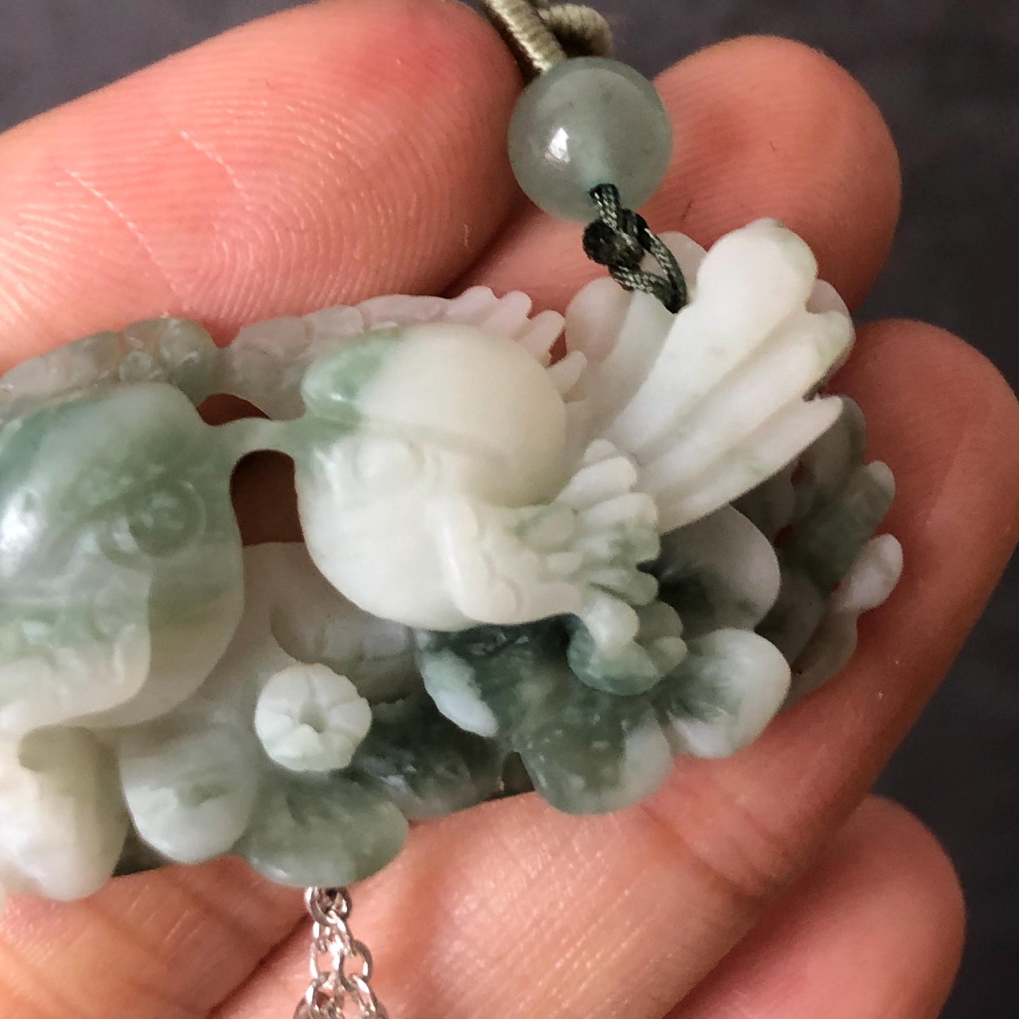 Certified Natural Xiu Jade Serpentine Hand Carved Magpie Birds and Flower Pendant Adjustable Necklace | White & Green Stone Crystal Gemstone charm necklace gift for her green jade carving white jade pendant bird carving flower carving carved flower charm hand engraved birds pendant certificate real jade wedding gift engagement gift for her dangle necklace