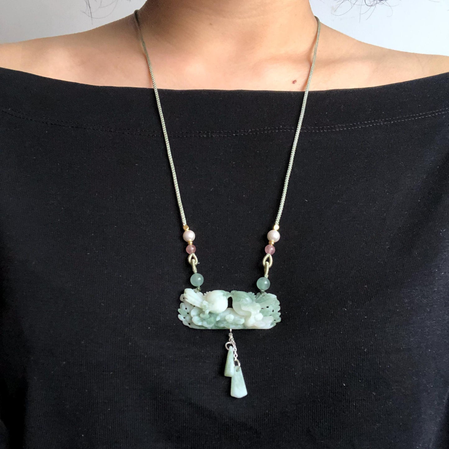 Certified Natural Xiu Jade Serpentine Hand Carved Magpie Birds and Flower Pendant Adjustable Necklace | White & Green Stone Crystal Gemstone charm necklace gift for her green jade carving white jade pendant bird carving flower carving carved flower charm hand engraved birds pendant certificate real jade wedding gift engagement gift for her dangle necklace