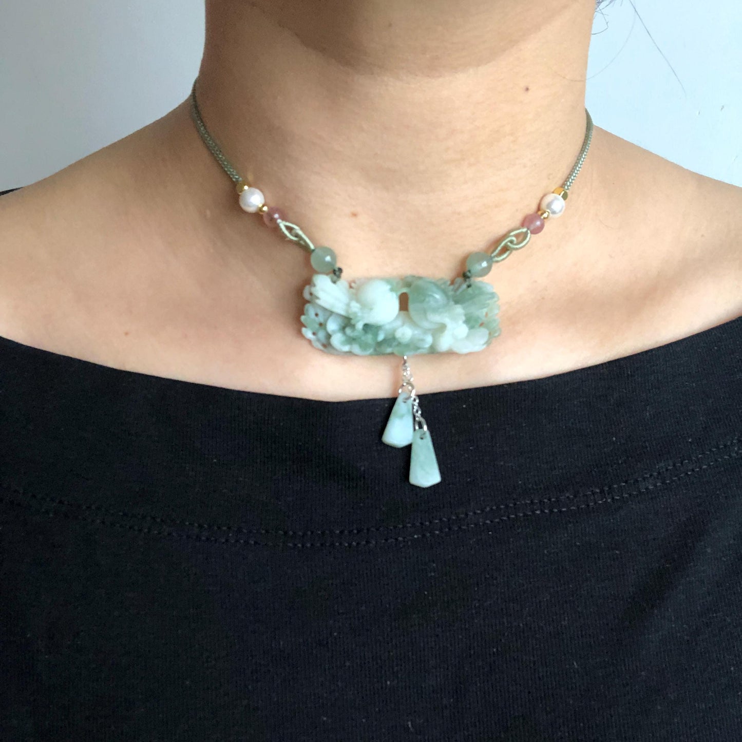 Certified Natural Xiu Jade Serpentine Hand Carved Magpie Birds and Flower Pendant Adjustable Necklace | White & Green Stone Crystal Gemstone charm necklace gift for her green jade carving white jade pendant bird carving flower carving carved flower charm hand engraved birds pendant certificate real jade wedding gift engagement gift for her dangle necklace