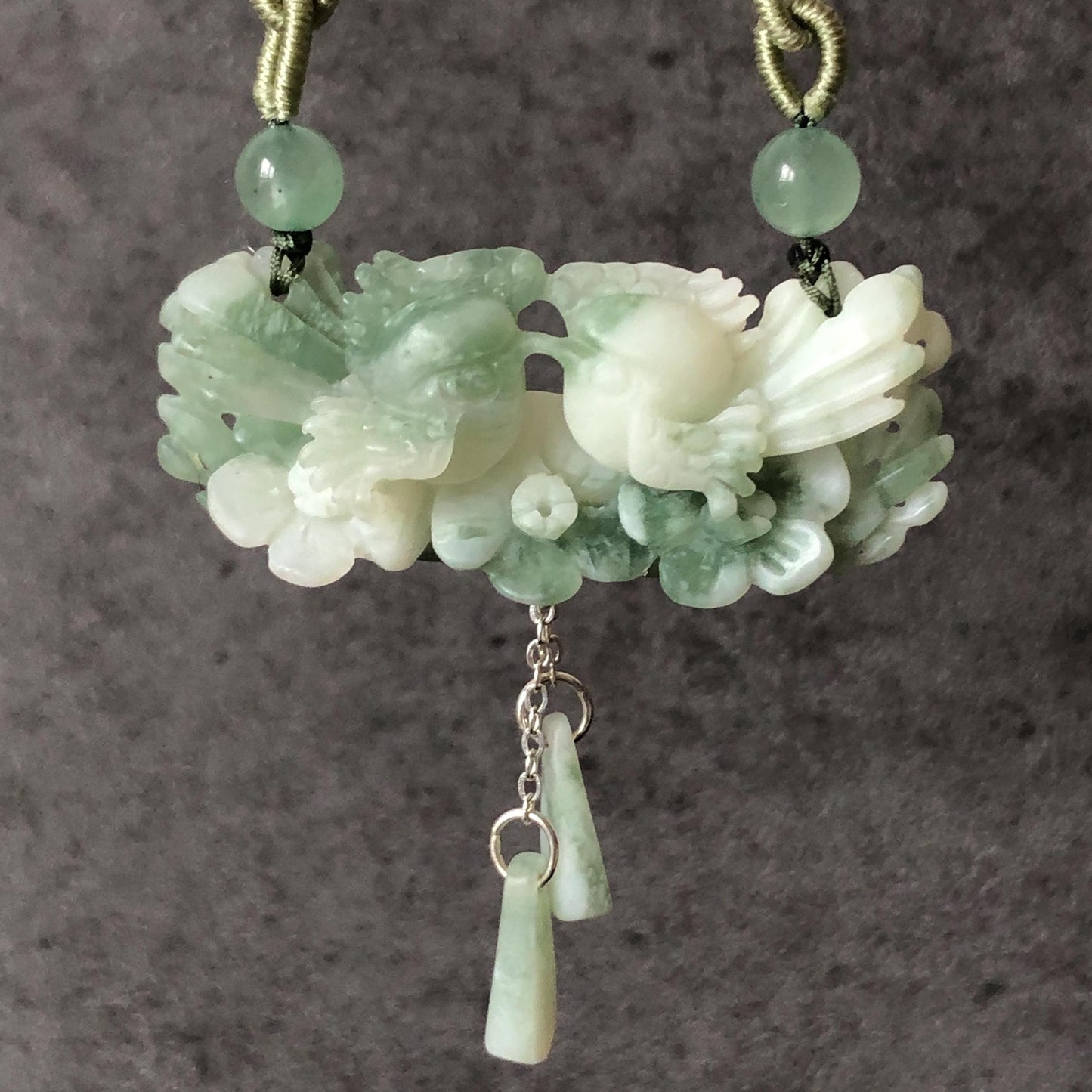 Certified Natural Xiu Jade Serpentine Hand Carved Magpie Birds and Flower Pendant Adjustable Necklace | White & Green Stone Crystal Gemstone charm necklace gift for her green jade carving white jade pendant bird carving flower carving carved flower charm hand engraved birds pendant certificate real jade wedding gift engagement gift for her dangle necklace