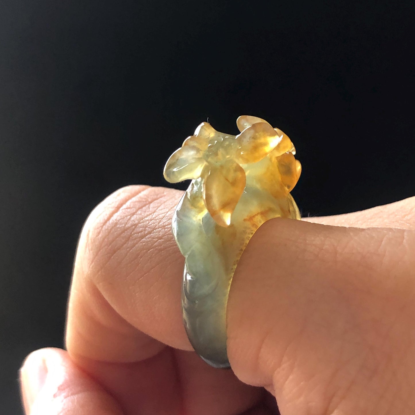 Natural Xiu Jade Serpentine Hand Carved Osmanthus fragrans Flower Ring | 17.3mm (US 7-7.5) | Green & Yellow | Crystal Stone Gemstone Ring Gift for her yellow jade green jade carving flower carving chinese jade stackable ring hand carved jade ring hand engraved flower jade ring icy jade ring for women