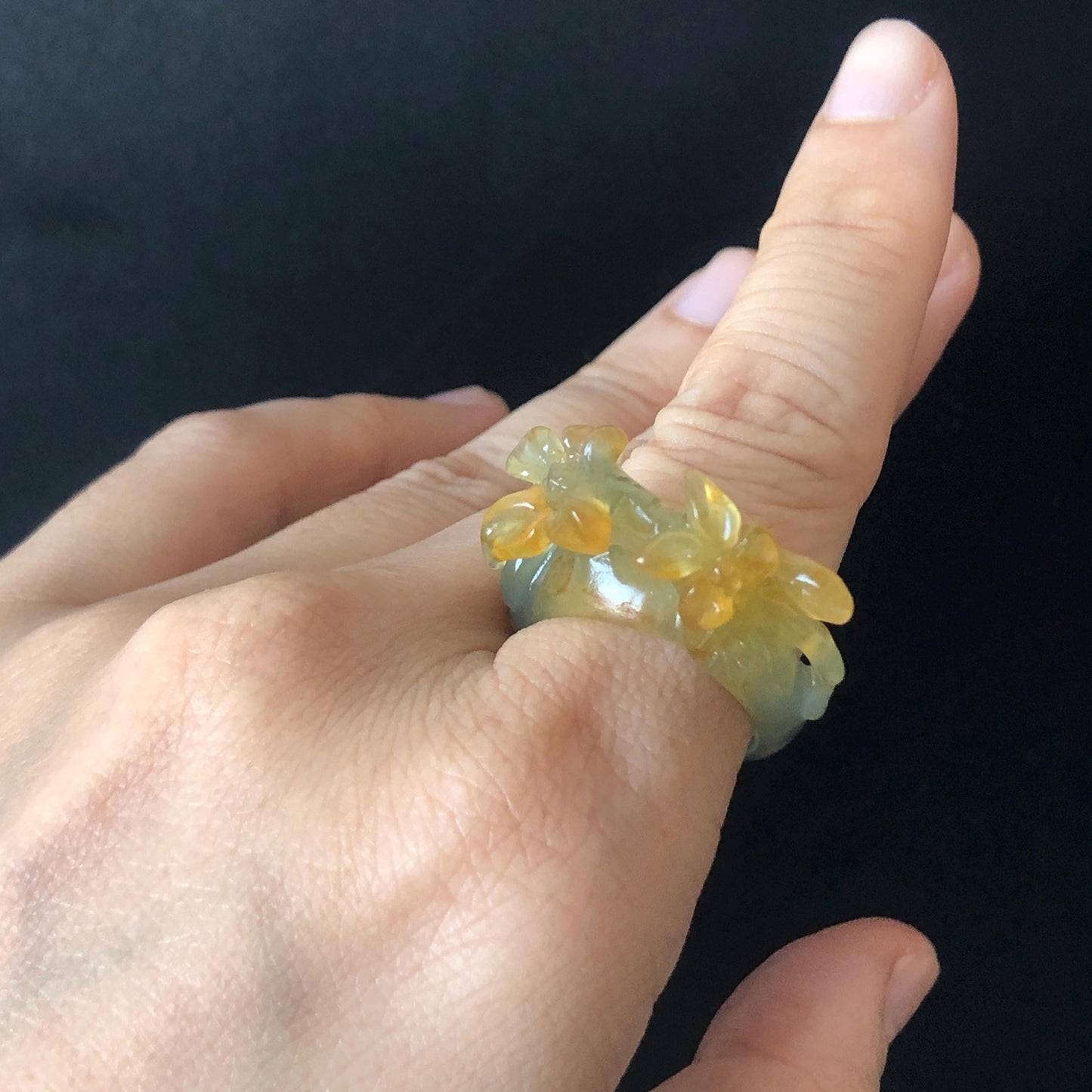 Natural Xiu Jade Serpentine Hand Carved Osmanthus fragrans Flower Ring | 17.3mm (US 7-7.5) | Green & Yellow | Crystal Stone Gemstone Ring Gift for her yellow jade green jade carving flower carving chinese jade stackable ring hand carved jade ring hand engraved flower jade ring icy jade ring for women
