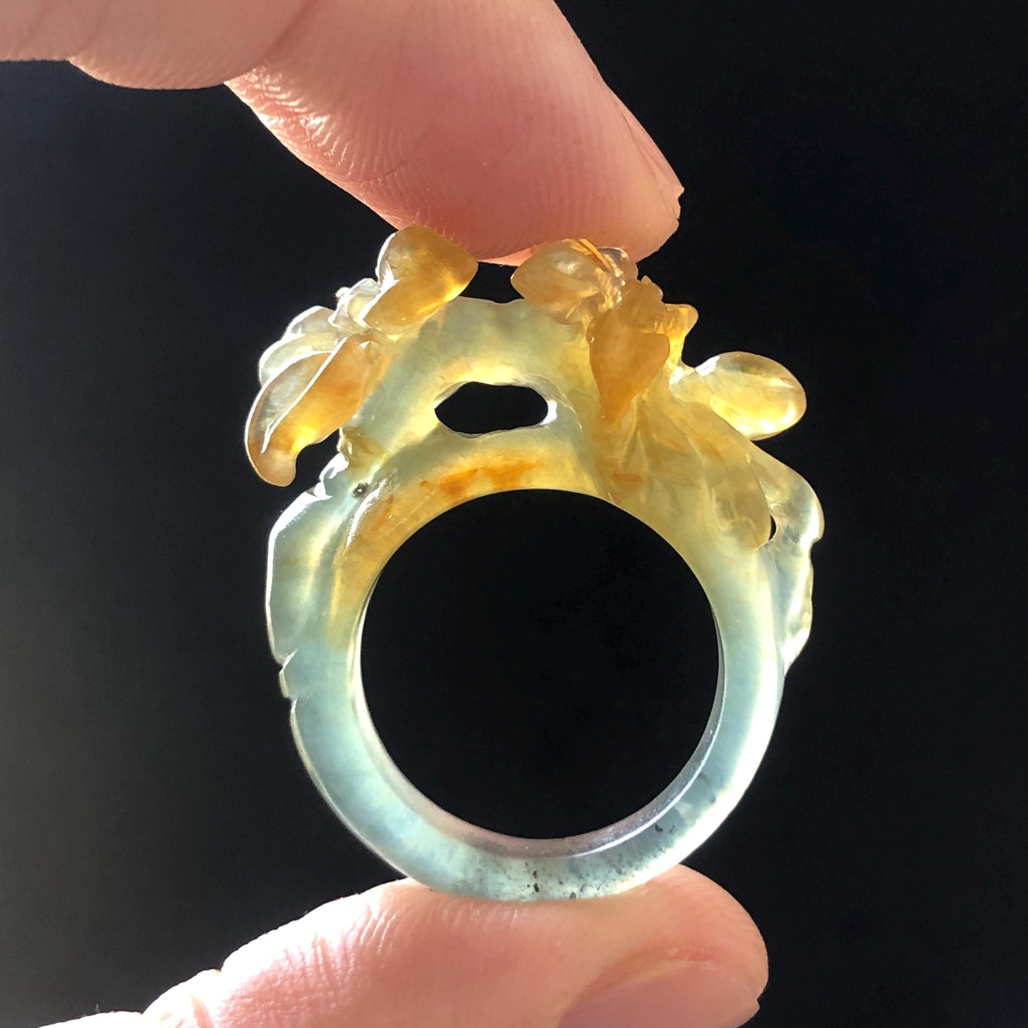 Natural Xiu Jade Serpentine Hand Carved Osmanthus fragrans Flower Ring | 17.3mm (US 7-7.5) | Green & Yellow | Crystal Stone Gemstone Ring Gift for her yellow jade green jade carving flower carving chinese jade stackable ring hand carved jade ring hand engraved flower jade ring icy jade ring for women