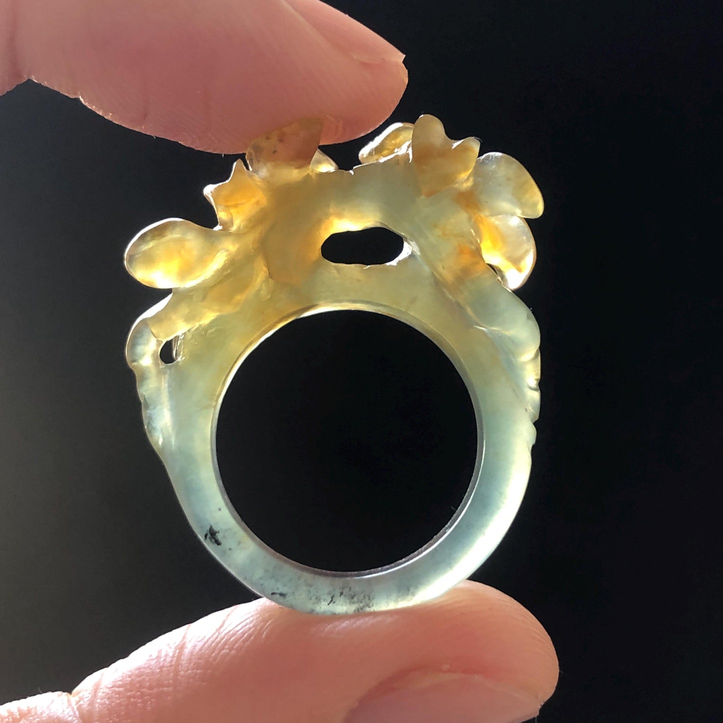 Natural Xiu Jade Serpentine Hand Carved Osmanthus fragrans Flower Ring | 17.3mm (US 7-7.5) | Green & Yellow | Crystal Stone Gemstone Ring Gift for her yellow jade green jade carving flower carving chinese jade stackable ring hand carved jade ring hand engraved flower jade ring icy jade ring for women