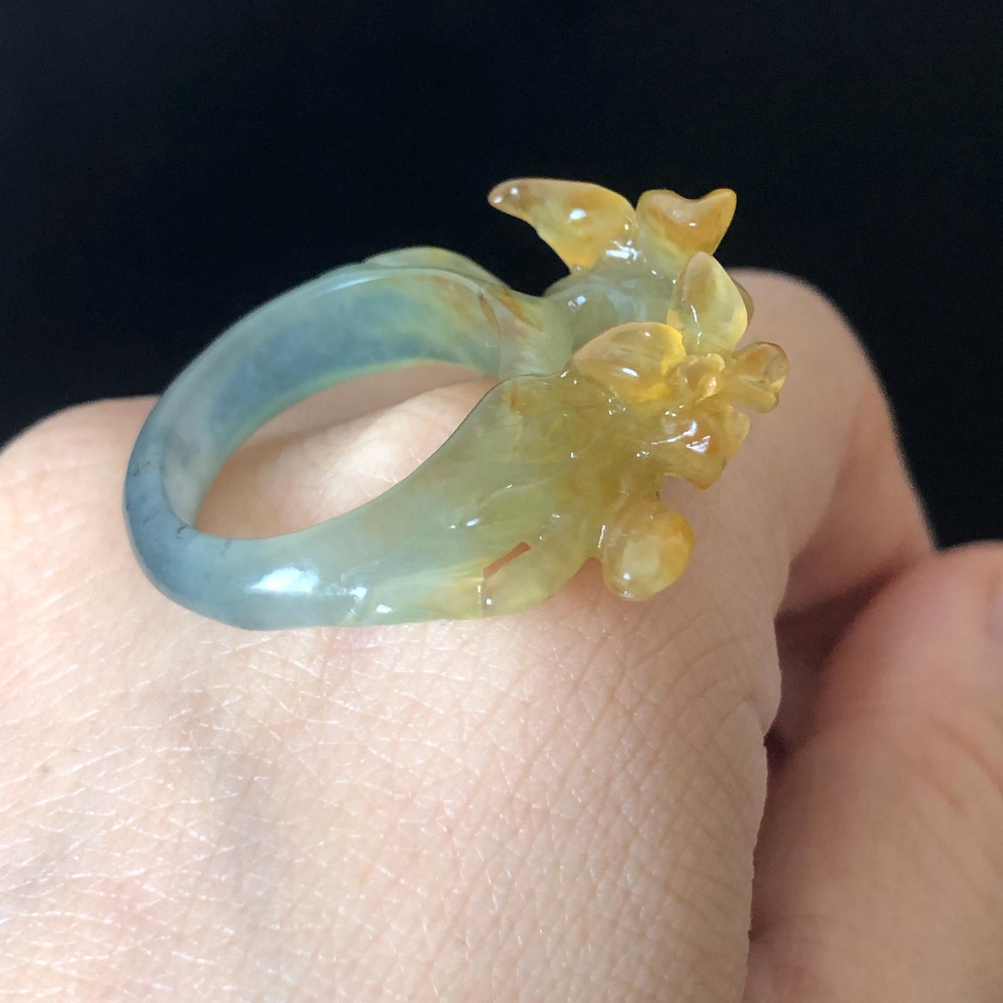 Natural Xiu Jade Serpentine Hand Carved Osmanthus fragrans Flower Ring | 17.3mm (US 7-7.5) | Green & Yellow | Crystal Stone Gemstone Ring Gift for her yellow jade green jade carving flower carving chinese jade stackable ring hand carved jade ring hand engraved flower jade ring icy jade ring for women