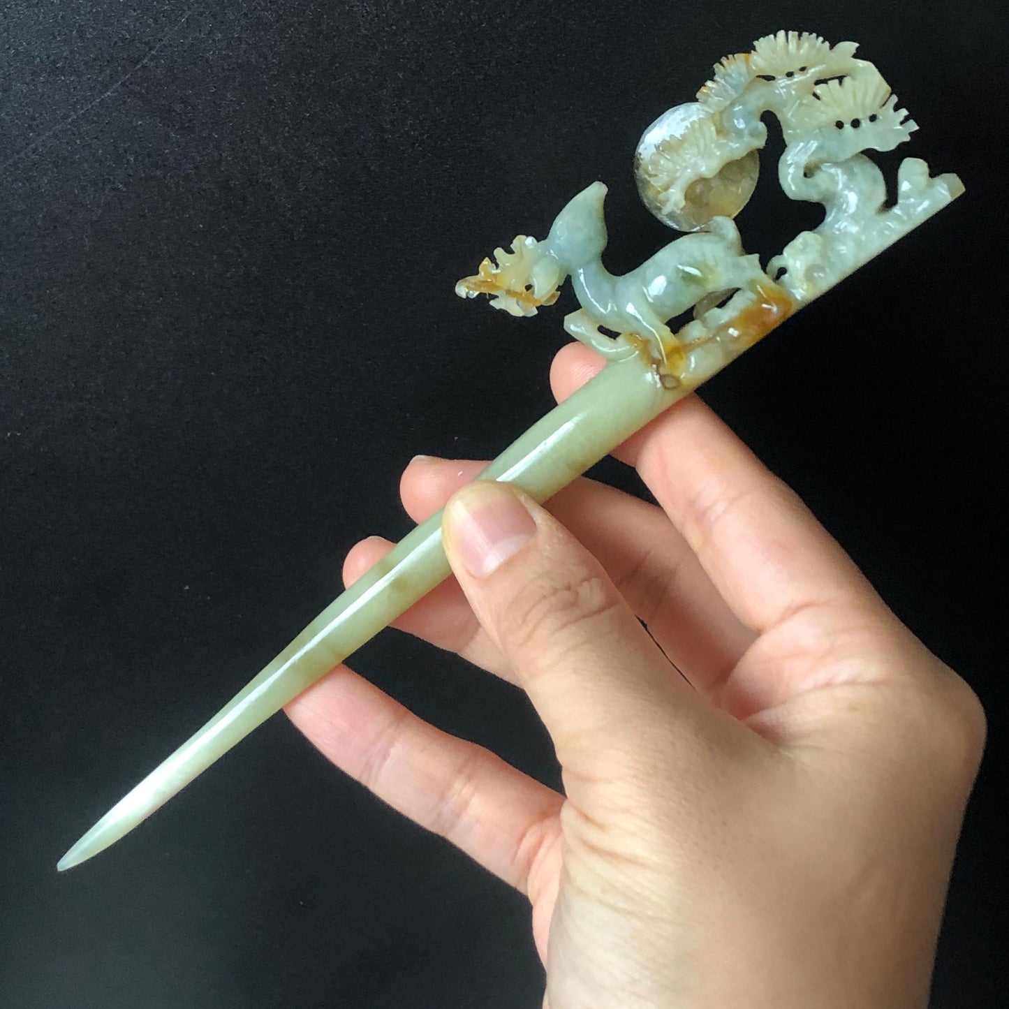 Certificate Xiu Jade Serpentine Hand Carved Deer with Pine Tree & Moon Hair Pin | Green Jade Hair Stick | Asian Chinese Vintage Gift for her green jade carving hand engraved deer hair stick carved pine tree hair fork hanfu hair comb chinese hairpin korean hair stick japanese hairpin antique hair comb certified natural jade