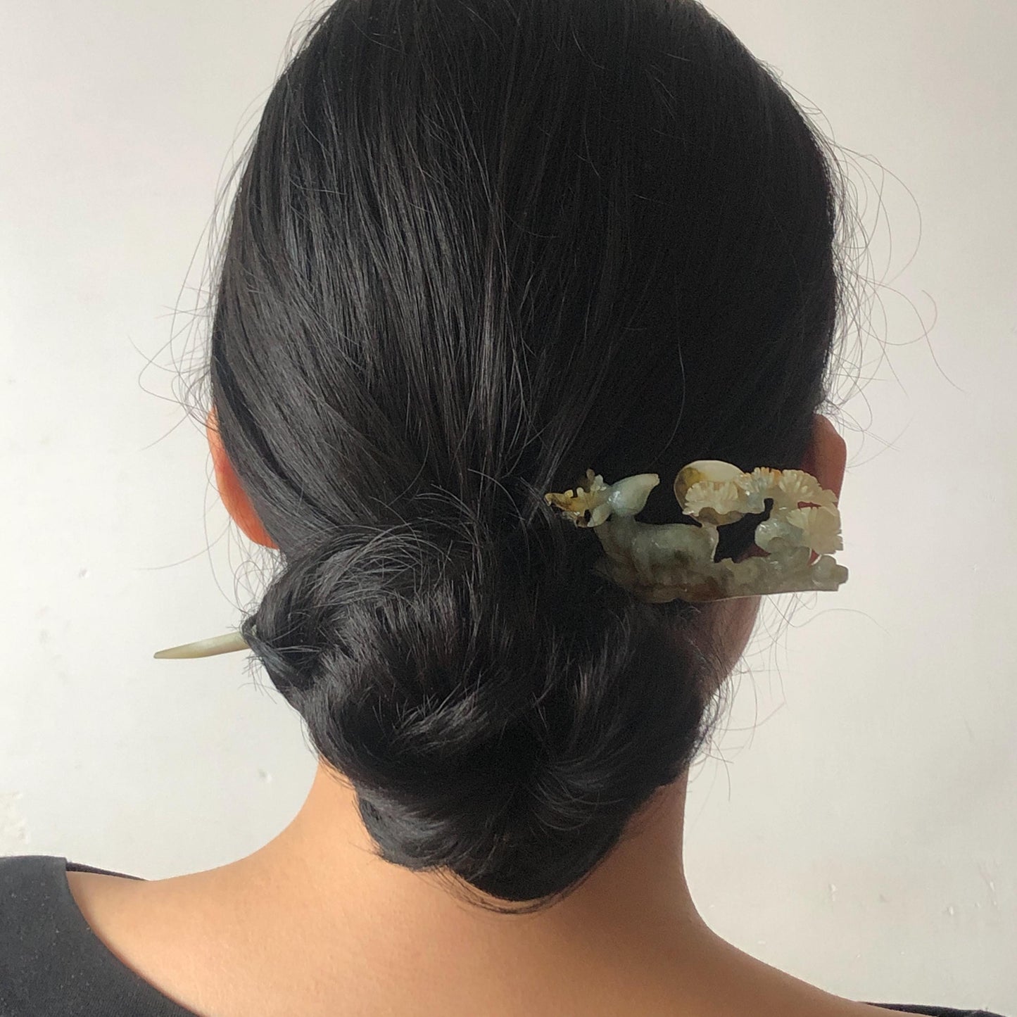 Certificate Xiu Jade Serpentine Hand Carved Deer with Pine Tree & Moon Hair Pin | Green Jade Hair Stick | Asian Chinese Vintage Gift for her green jade carving hand engraved deer hair stick carved pine tree hair fork hanfu hair comb chinese hairpin korean hair stick japanese hairpin antique hair comb certified natural jade