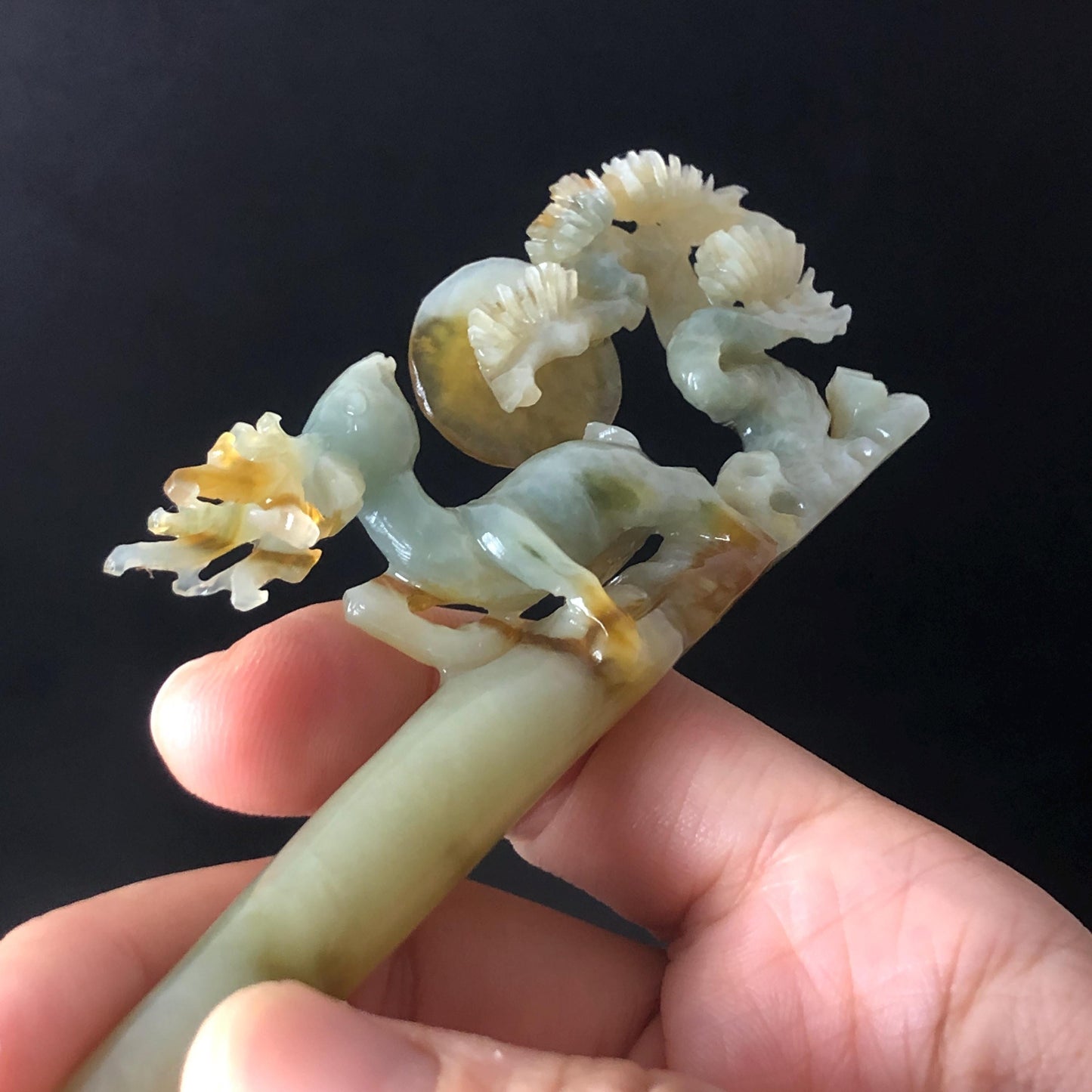 Certificate Xiu Jade Serpentine Hand Carved Deer with Pine Tree & Moon Hair Pin | Green Jade Hair Stick | Asian Chinese Vintage Gift for her green jade carving hand engraved deer hair stick carved pine tree hair fork hanfu hair comb chinese hairpin korean hair stick japanese hairpin antique hair comb certified natural jade