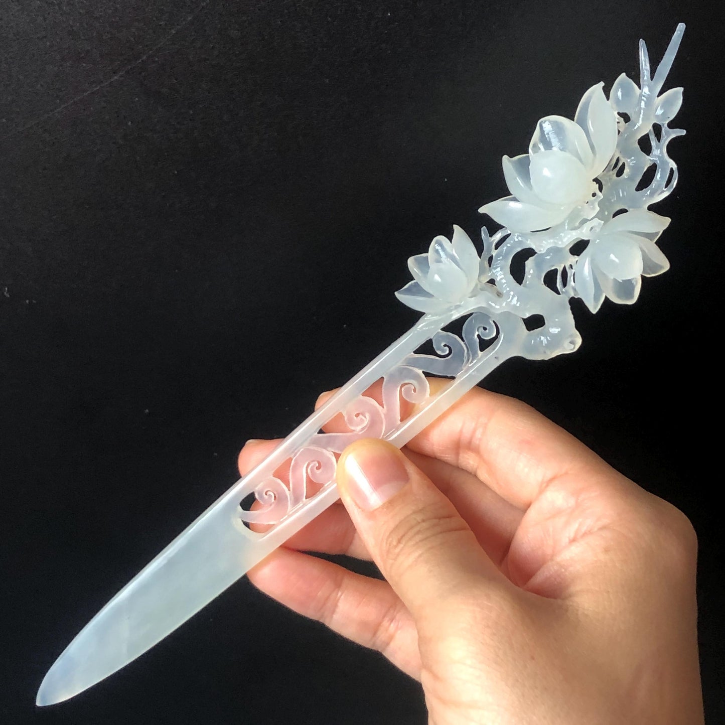 Certificate Xiu Jade Serpentine Hand Carved Peach Blossom Flower Hair Pin | Ice White Jade Hair Stick | Asian Chinese Vintage Hair Fork gift for her bridal shower gift bridal hair clip wedding gift engagement hair stick hanfu hair fork korean hair comb japanese hairpin vintage hair stick certified natural jade white jade carving flower carving peach blossom