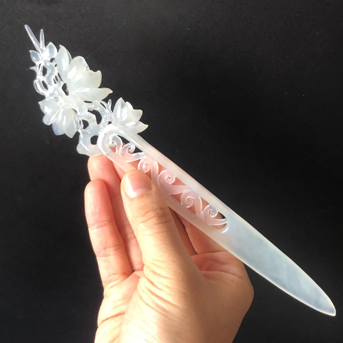 Certificate Xiu Jade Serpentine Hand Carved Peach Blossom Flower Hair Pin | Ice White Jade Hair Stick | Asian Chinese Vintage Hair Fork gift for her bridal shower gift bridal hair clip wedding gift engagement hair stick hanfu hair fork korean hair comb japanese hairpin vintage hair stick certified natural jade white jade carving flower carving peach blossom