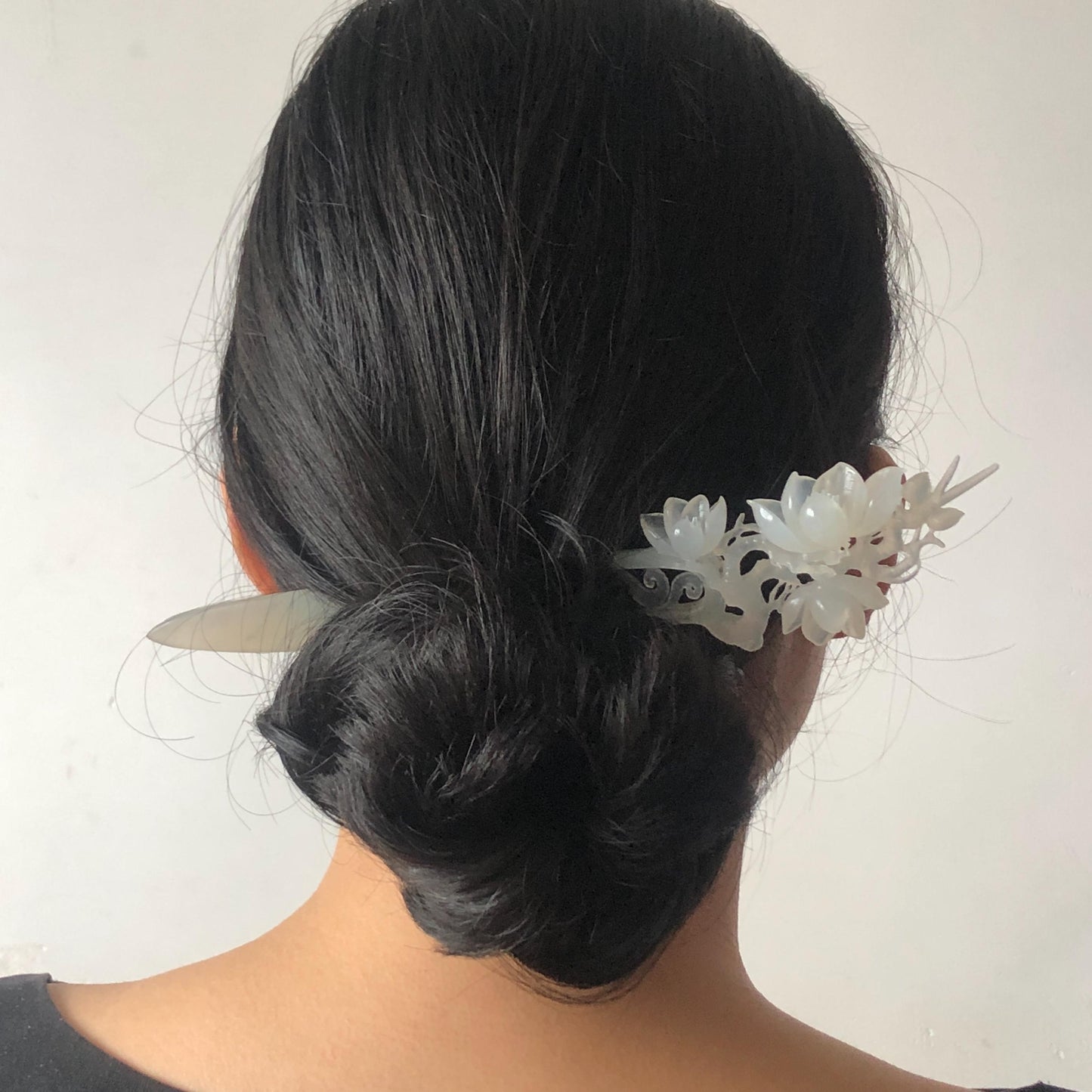 Certificate Xiu Jade Serpentine Hand Carved Peach Blossom Flower Hair Pin | Ice White Jade Hair Stick | Asian Chinese Vintage Hair Fork gift for her bridal shower gift bridal hair clip wedding gift engagement hair stick hanfu hair fork korean hair comb japanese hairpin vintage hair stick certified natural jade white jade carving flower carving peach blossom
