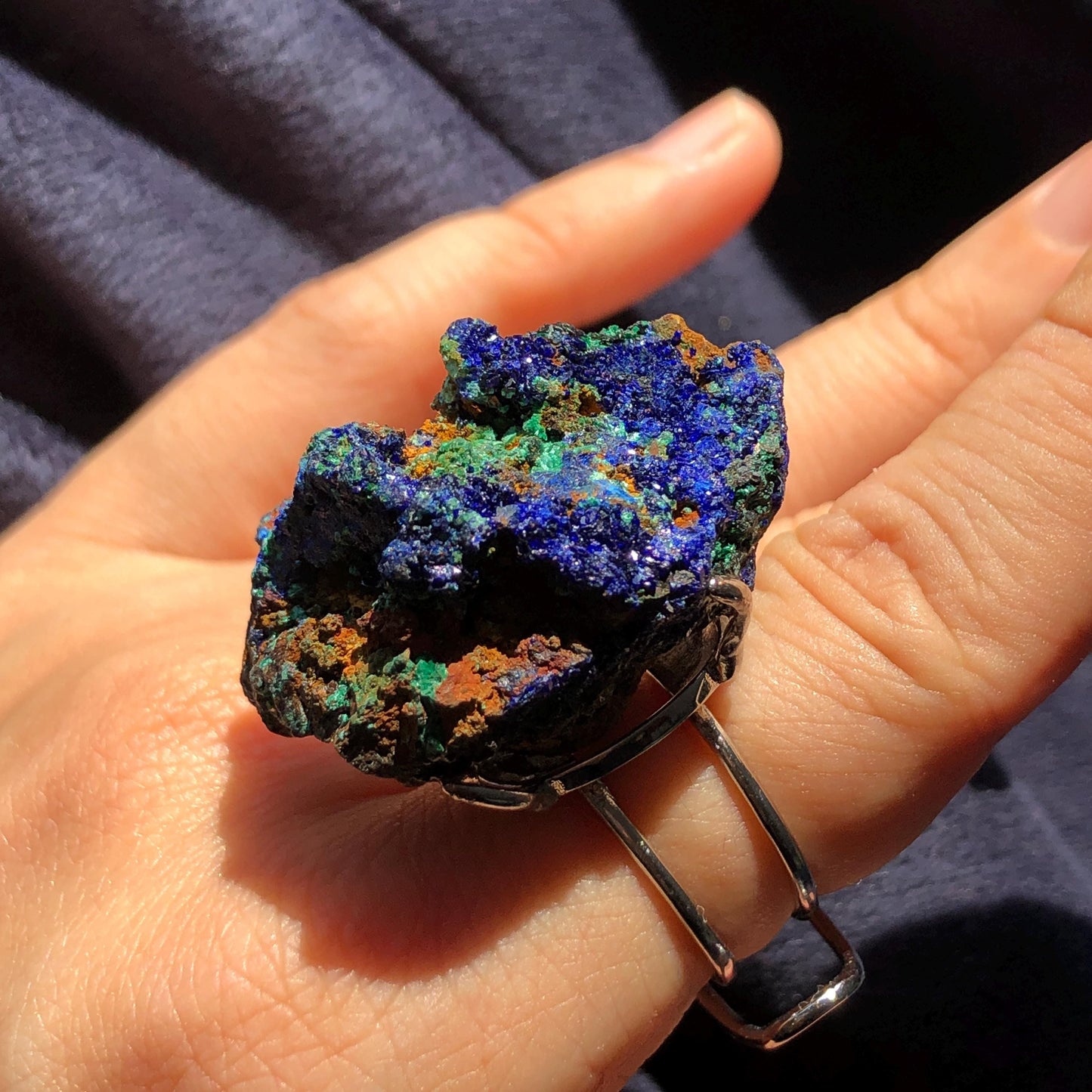 Raw Azurite Malachite Ring | Raw Minerals Stone Ring | Sparkling Blue | Adjustable Statement Band Ring | Third Eye Chakra | Silver-plated copper ring, irregular chunky big crystal ring large stone ring huge statement ring large cocktail ring raw stone ring blue crystal ring green crystal ring gift for her