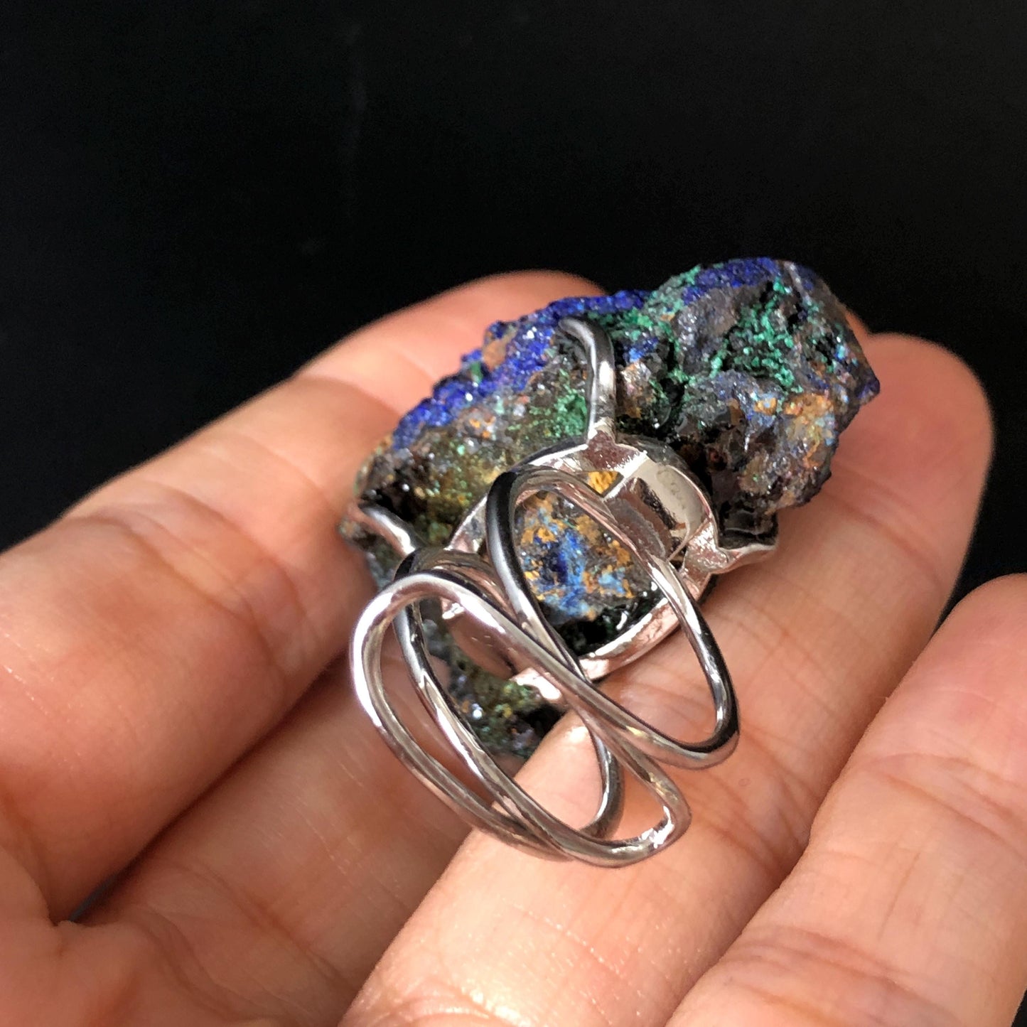 Raw Azurite Malachite Ring | Raw Minerals Stone Ring | Sparkling Blue | Adjustable Statement Band Ring | Third Eye Chakra | Silver-plated copper ring, irregular chunky big crystal ring large stone ring huge statement ring large cocktail ring raw stone ring blue crystal ring green crystal ring gift for her