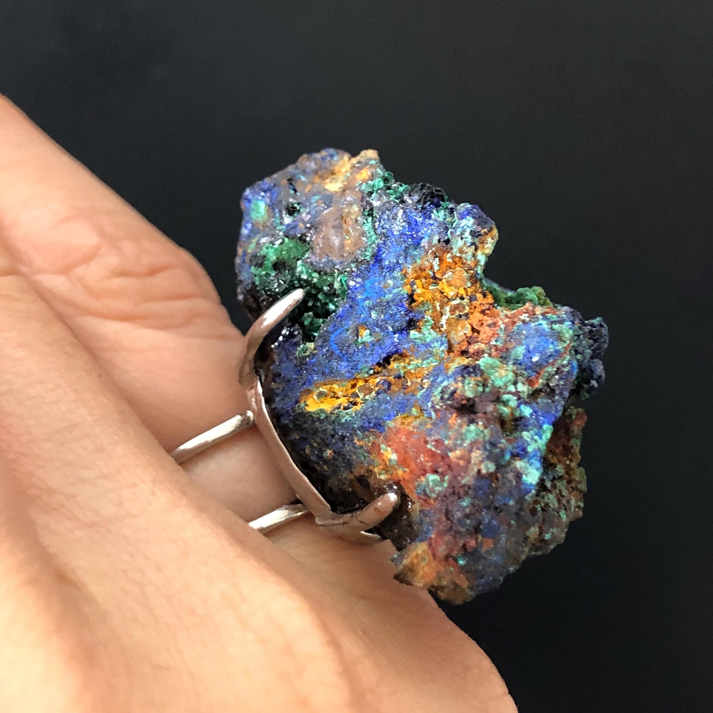 Raw Azurite Malachite Ring | Raw Minerals Stone Ring | Sparkling Blue | Adjustable Statement Band Ring | Third Eye Chakra | Silver-plated copper ring, irregular chunky big crystal ring large stone ring huge statement ring large cocktail ring raw stone ring blue crystal ring green crystal ring gift for her