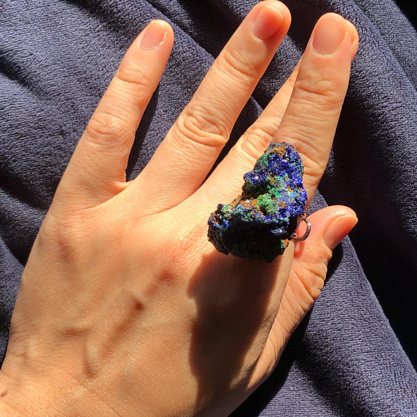 Raw Azurite Malachite Ring | Raw Minerals Stone Ring | Sparkling Blue | Adjustable Statement Band Ring | Third Eye Chakra | Silver-plated copper ring, irregular chunky big crystal ring large stone ring huge statement ring large cocktail ring raw stone ring blue crystal ring green crystal ring gift for her