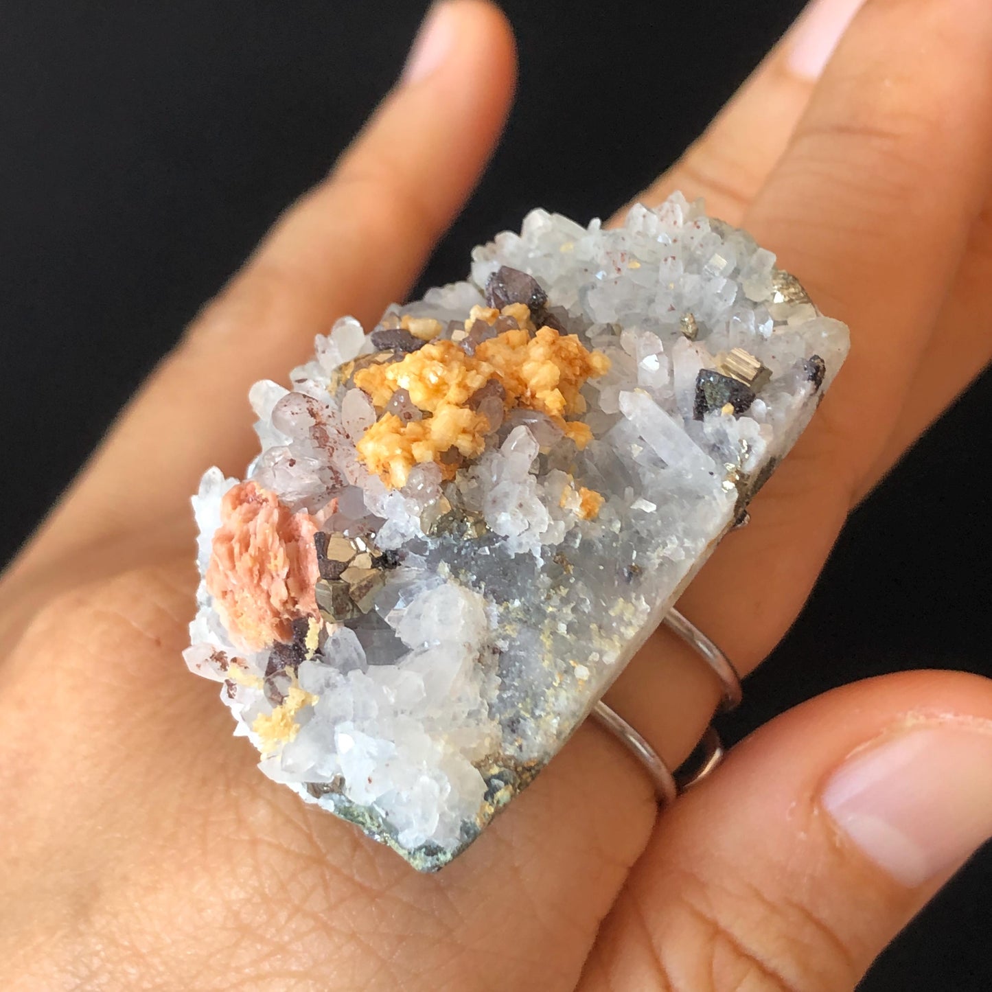 Raw Pyrite Dolomite Barite Ring, Big Stone Rough Large Crystal Adjustable Statement Band Ring, Irregular Chunky Minerals Specimen Ring Gift for her, raw stone ring raw minerals ring minerals specimen ring pink crystal yellow stone silver gemstone ring statement ring for men Huge Crystal Ring large stone ring big gemstone ring silver plated copper ring birthstone ring
