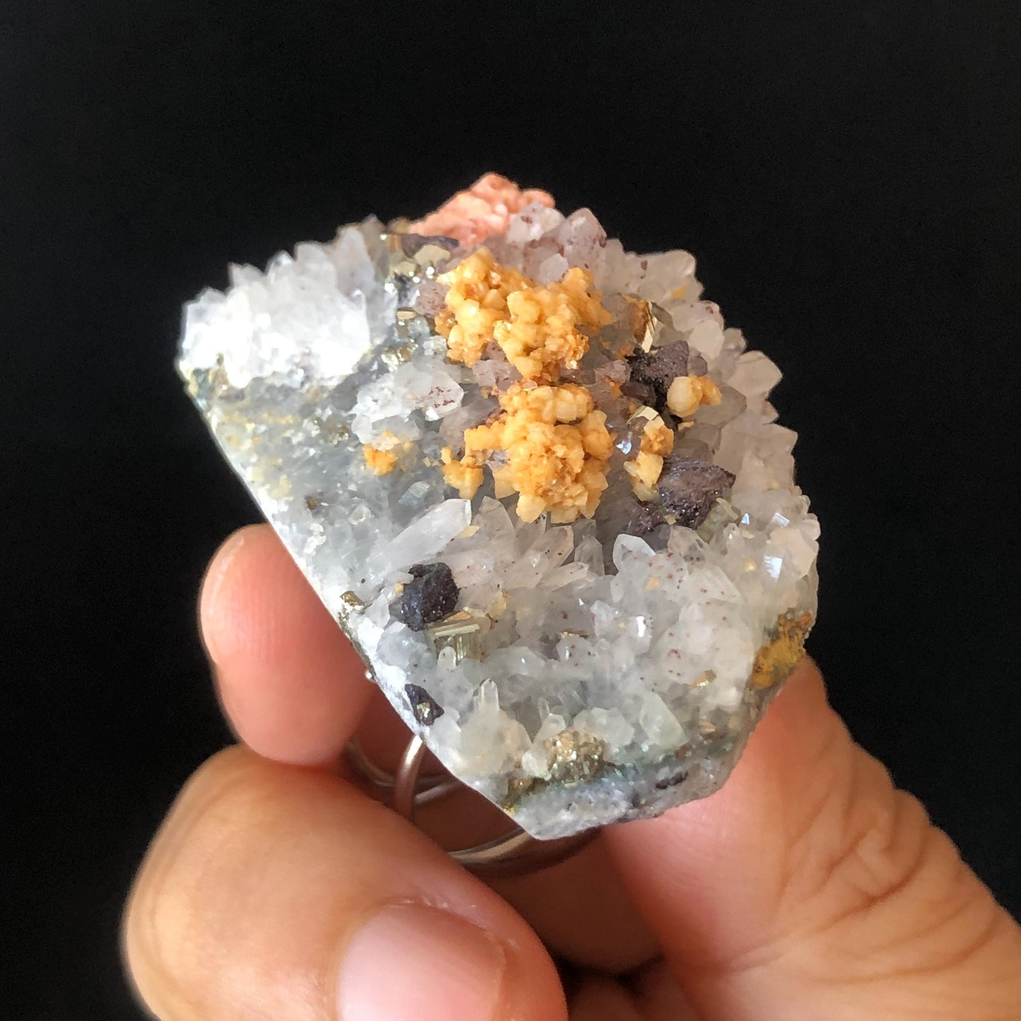 Raw Pyrite Dolomite Barite Ring, Big Stone Rough Large Crystal Adjustable Statement Band Ring, Irregular Chunky Minerals Specimen Ring Gift for her, raw stone ring raw minerals ring minerals specimen ring pink crystal yellow stone silver gemstone ring statement ring for men Huge Crystal Ring large stone ring big gemstone ring silver plated copper ring birthstone ring