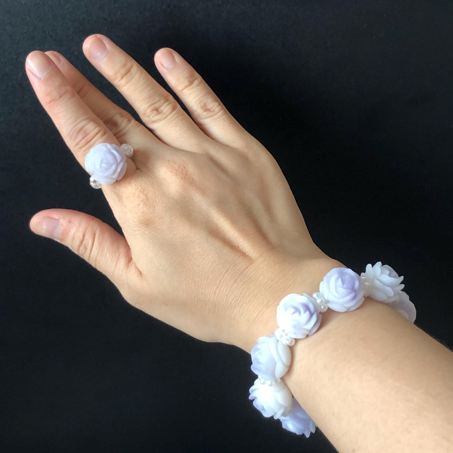 Unpolished Natural SheTaiCui Jade (Quartzite) Hand Carved Purple White Rose Charms Bracelet & Ring | Big Bead Jade Bracelet | Engraved Stone diy bracelet white jade purple jade carving flower carving untreated jade large crystal bracelet big gemstone bracelet tailor made bracelet gift for her jade ring hand carved ring