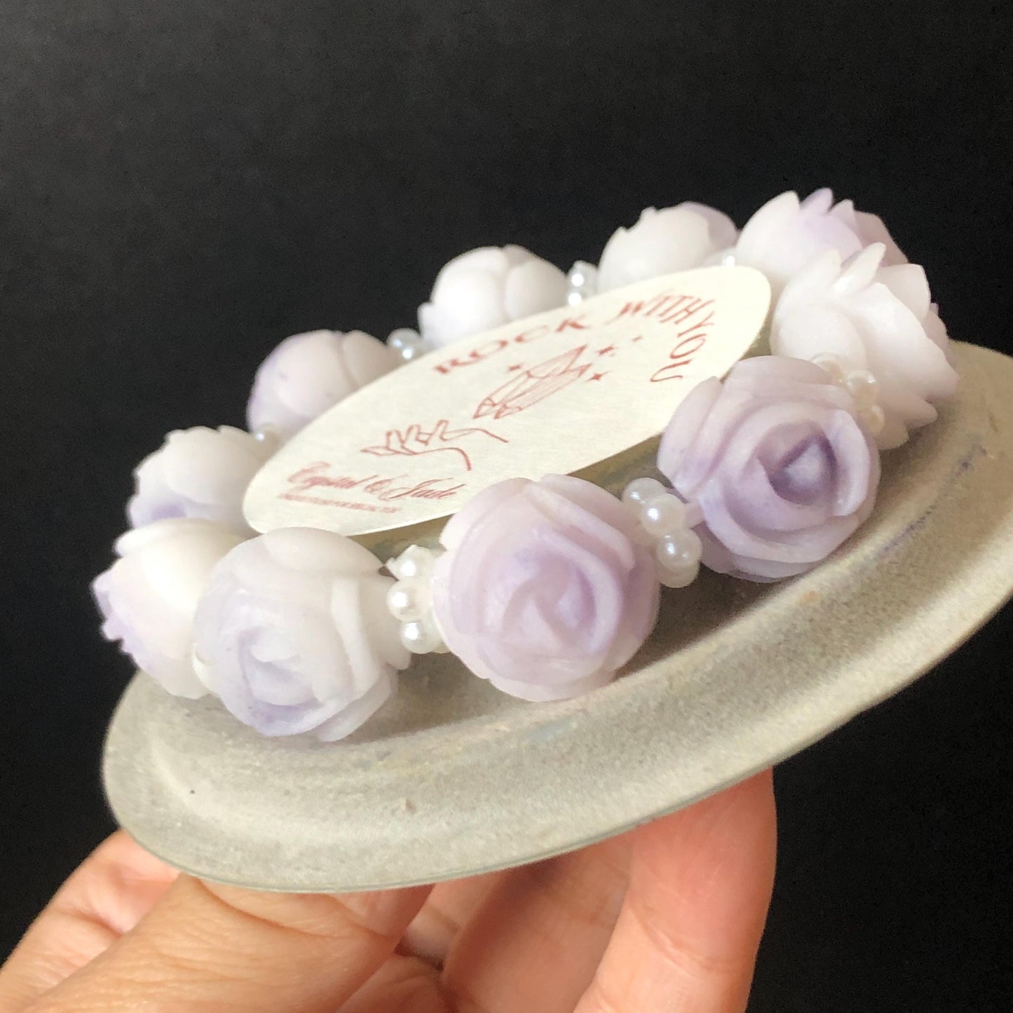 Unpolished Natural SheTaiCui Jade (Quartzite) Hand Carved Purple White Rose Charms Bracelet & Ring | Big Bead Jade Bracelet | Engraved Stone diy bracelet white jade purple jade carving flower carving untreated jade large crystal bracelet big gemstone bracelet tailor made bracelet gift for her jade ring hand carved ring