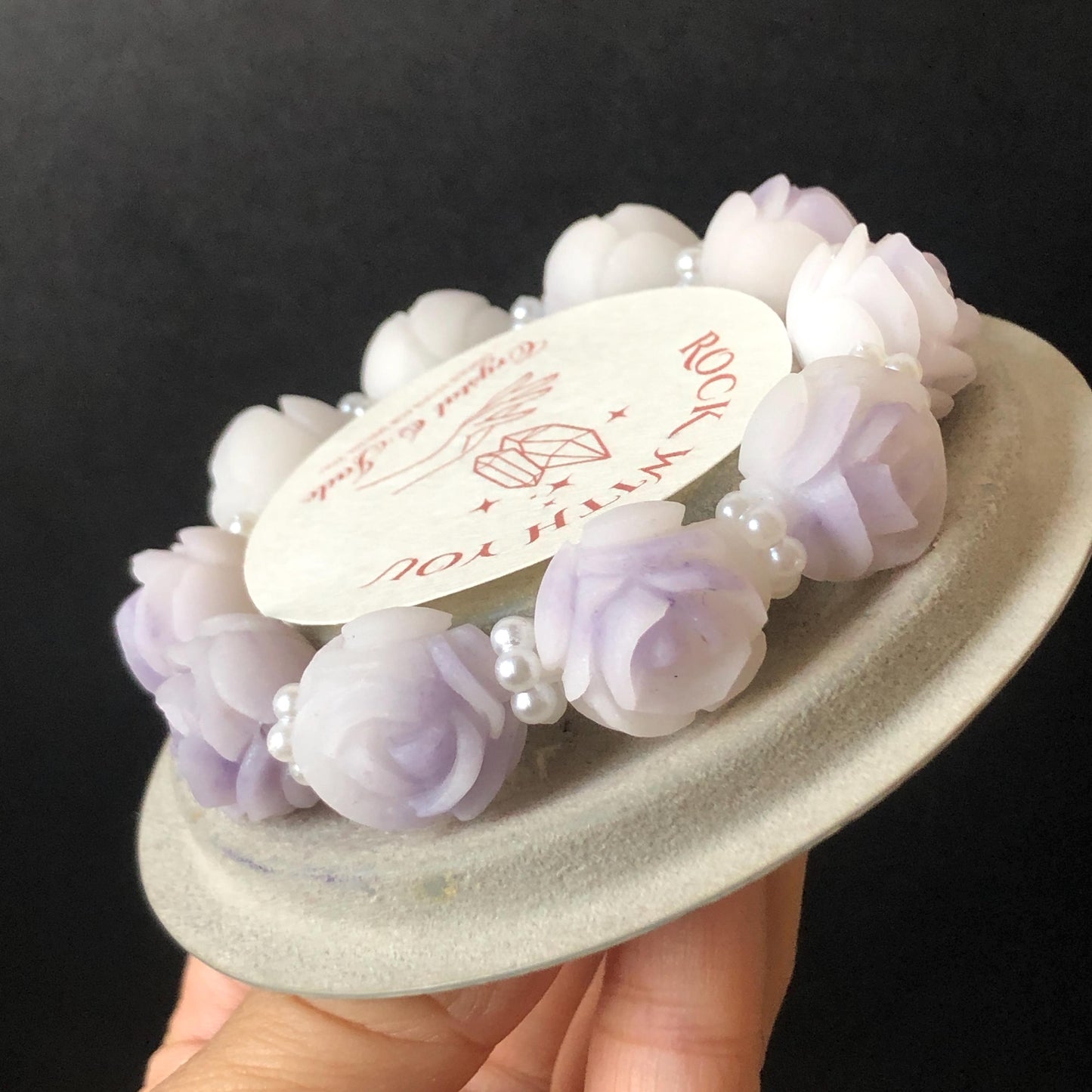 Unpolished Natural SheTaiCui Jade (Quartzite) Hand Carved Purple White Rose Charms Bracelet & Ring | Big Bead Jade Bracelet | Engraved Stone diy bracelet white jade purple jade carving flower carving untreated jade large crystal bracelet big gemstone bracelet tailor made bracelet gift for her jade ring hand carved ring